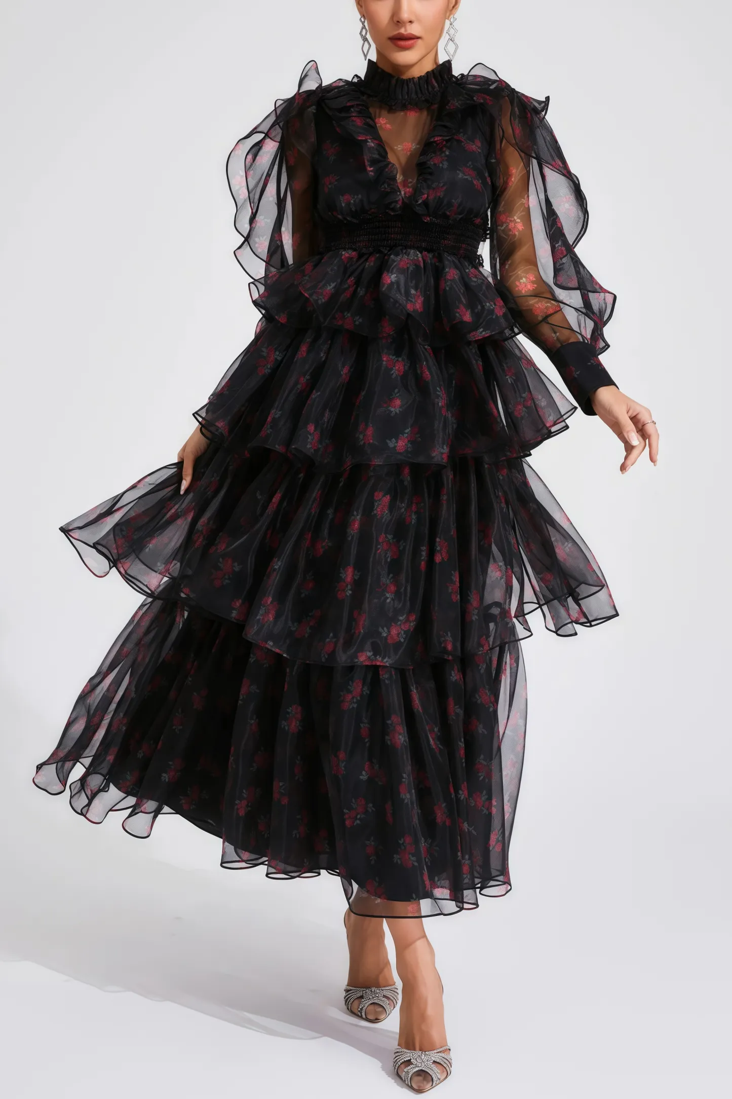 Ellarv Black Crushed Mesh Maxi Dress
