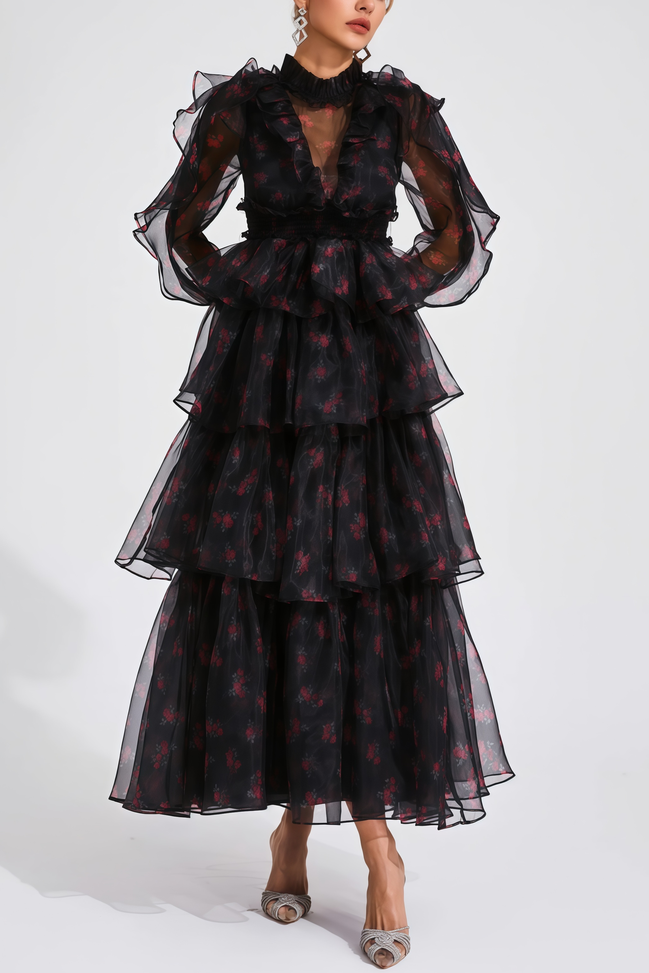 Ellarv Black Crushed Mesh Maxi Dress