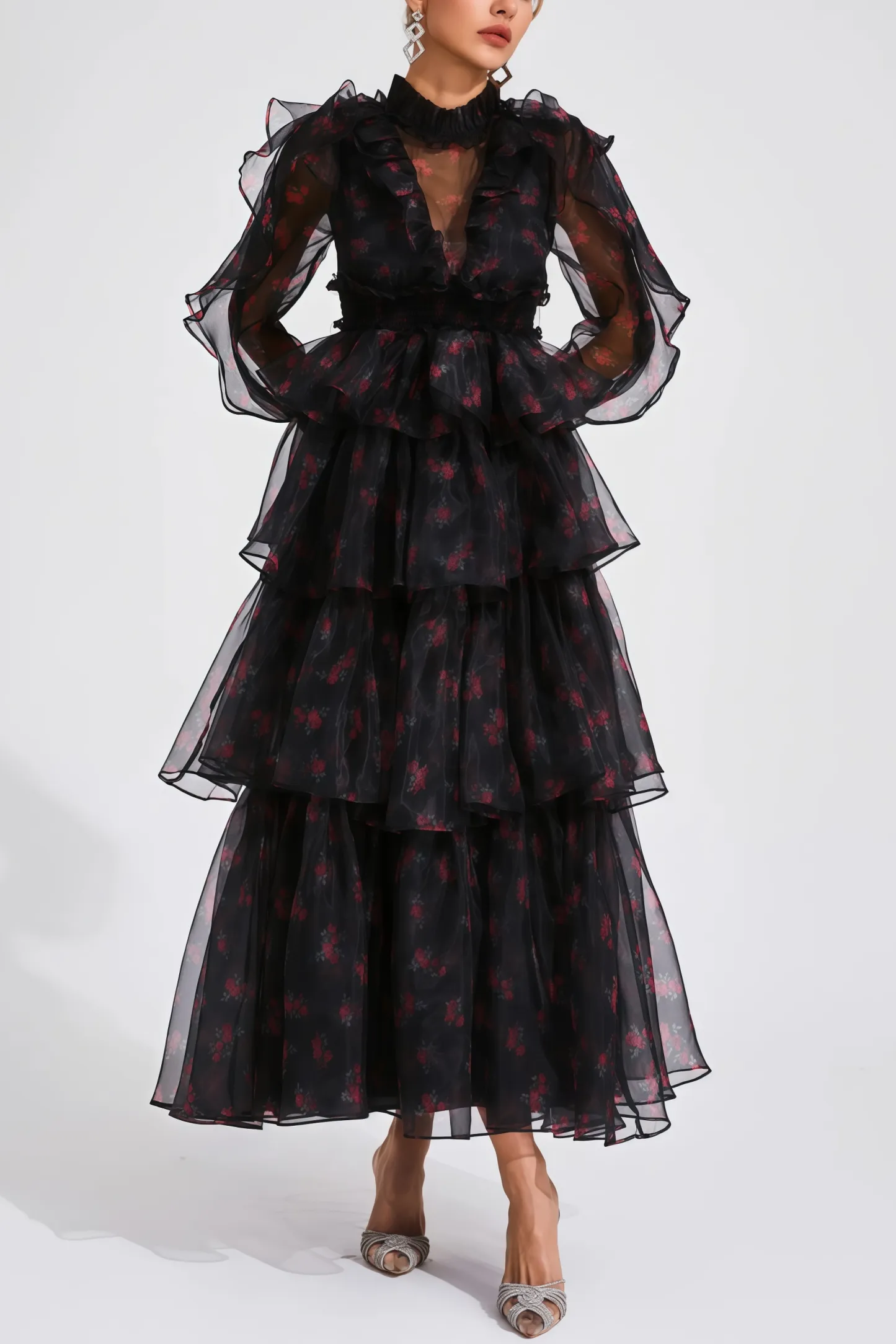 Ellarv Black Crushed Mesh Maxi Dress