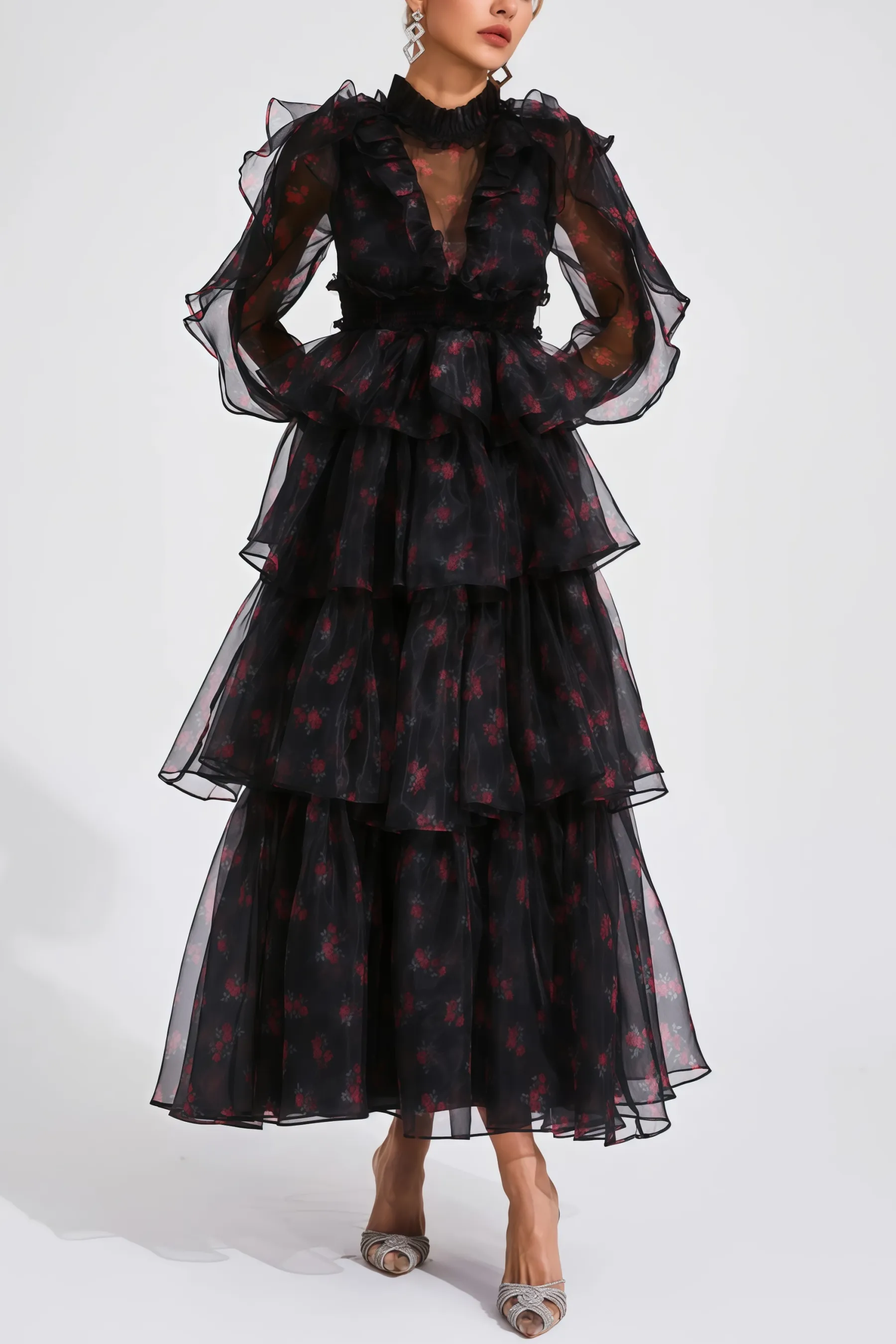 Ellarv Black Crushed Mesh Maxi Dress