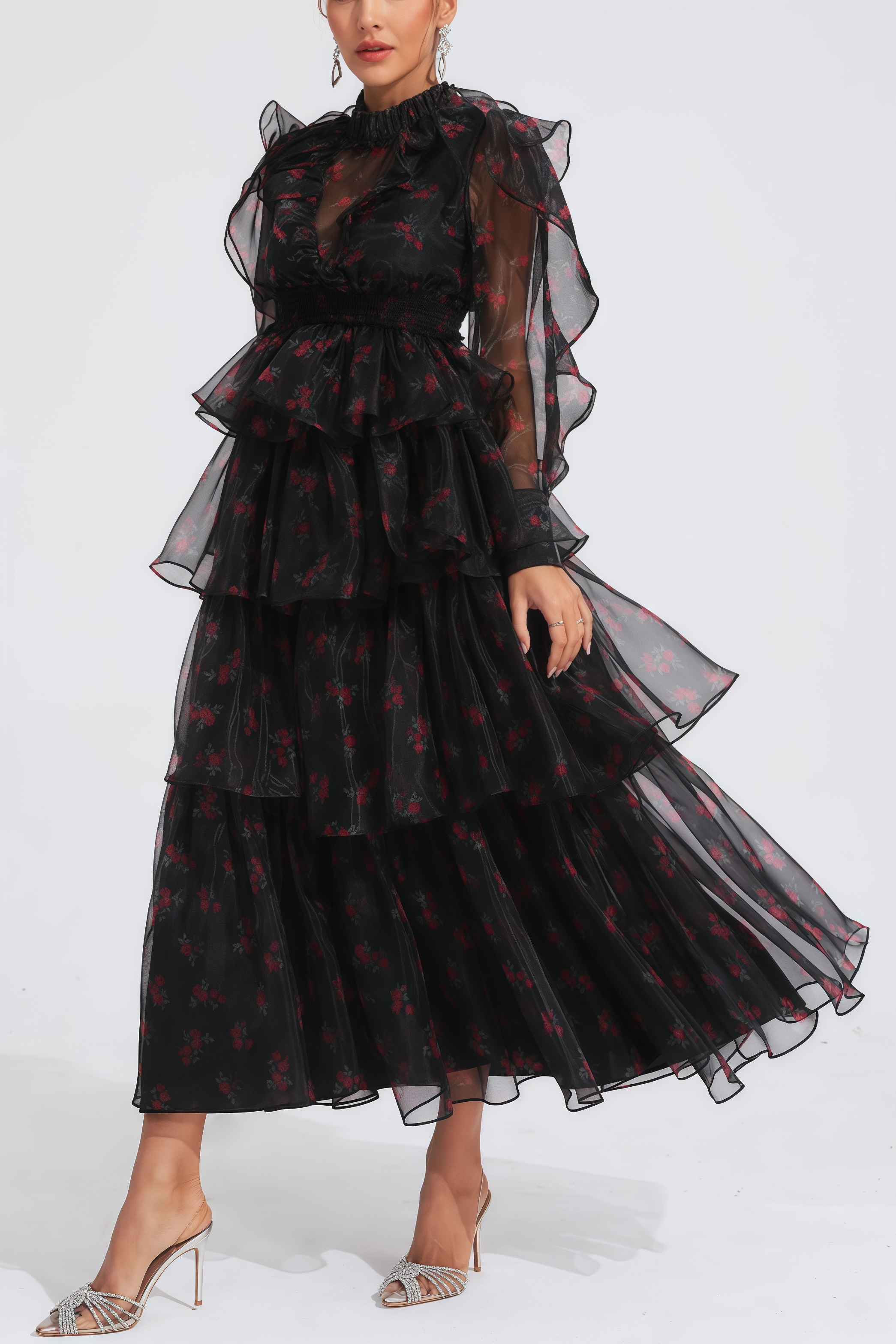 Ellarv Black Crushed Mesh Maxi Dress