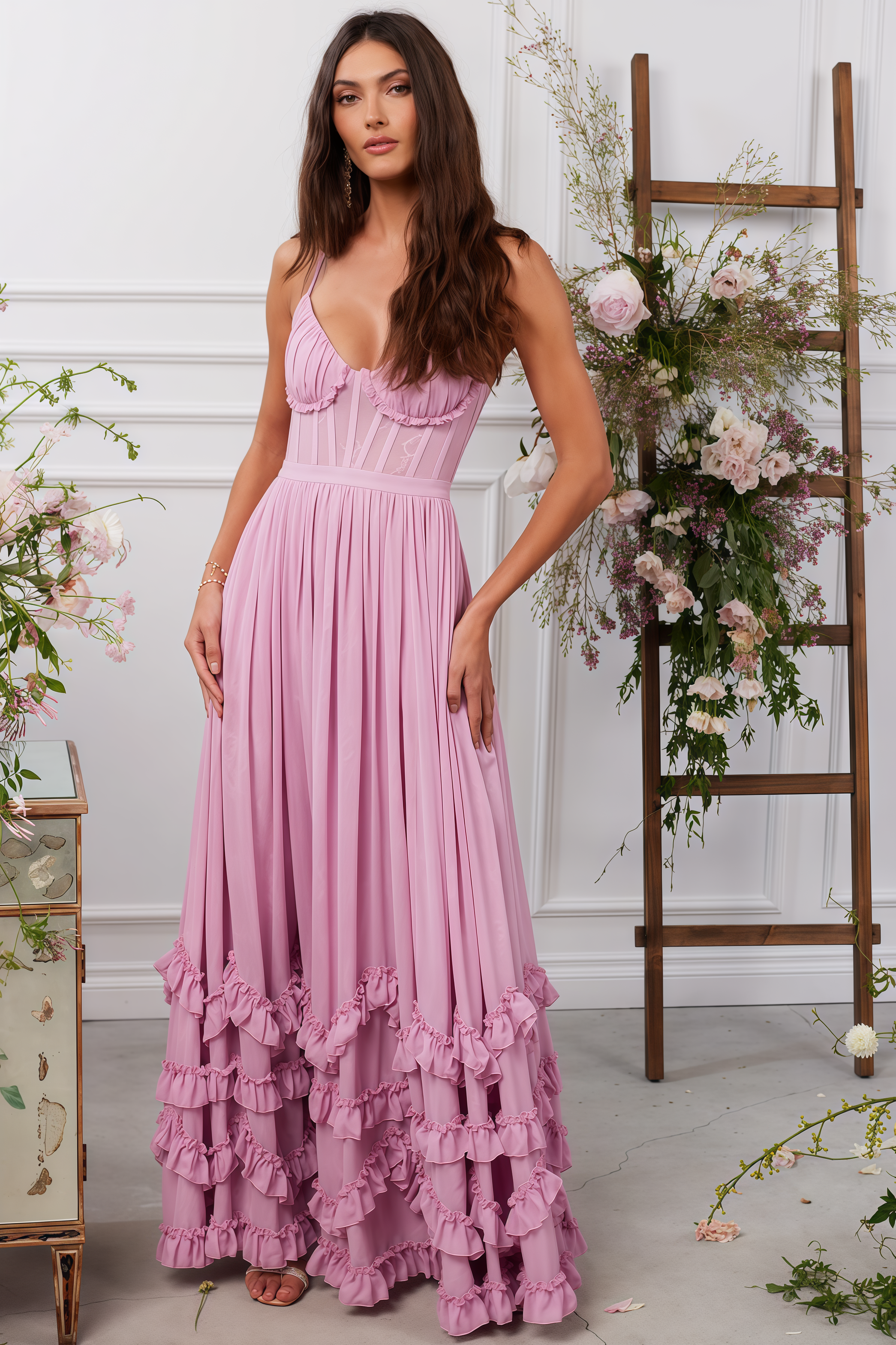 Zivene Pink Halter Fishbone Maxi Dress