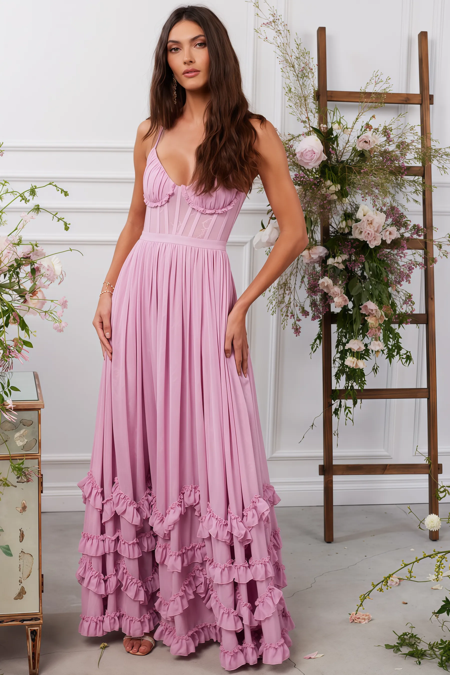 Zivene Pink Halter Fishbone Maxi Dress