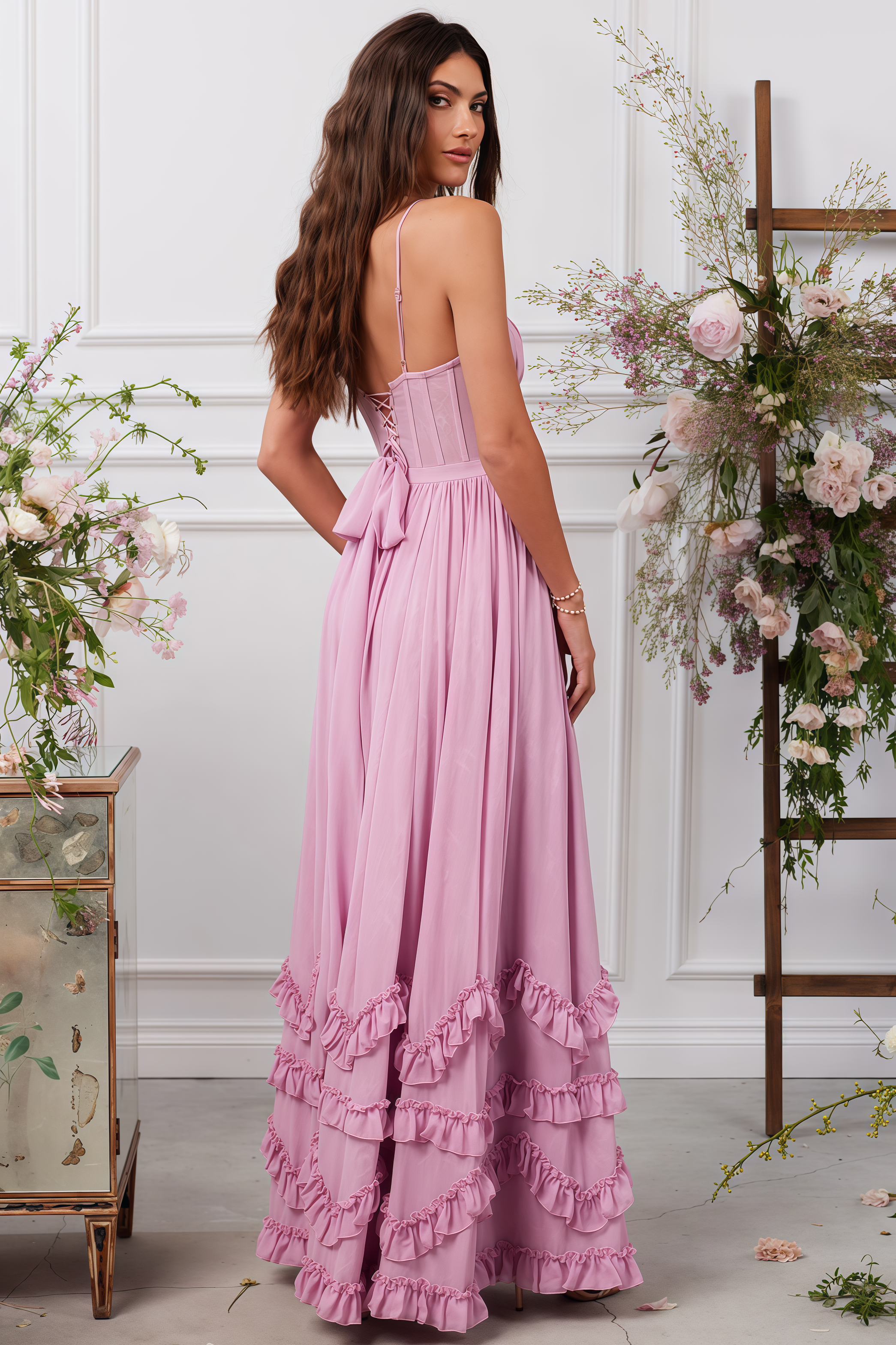 Zivene Pink Halter Fishbone Maxi Dress