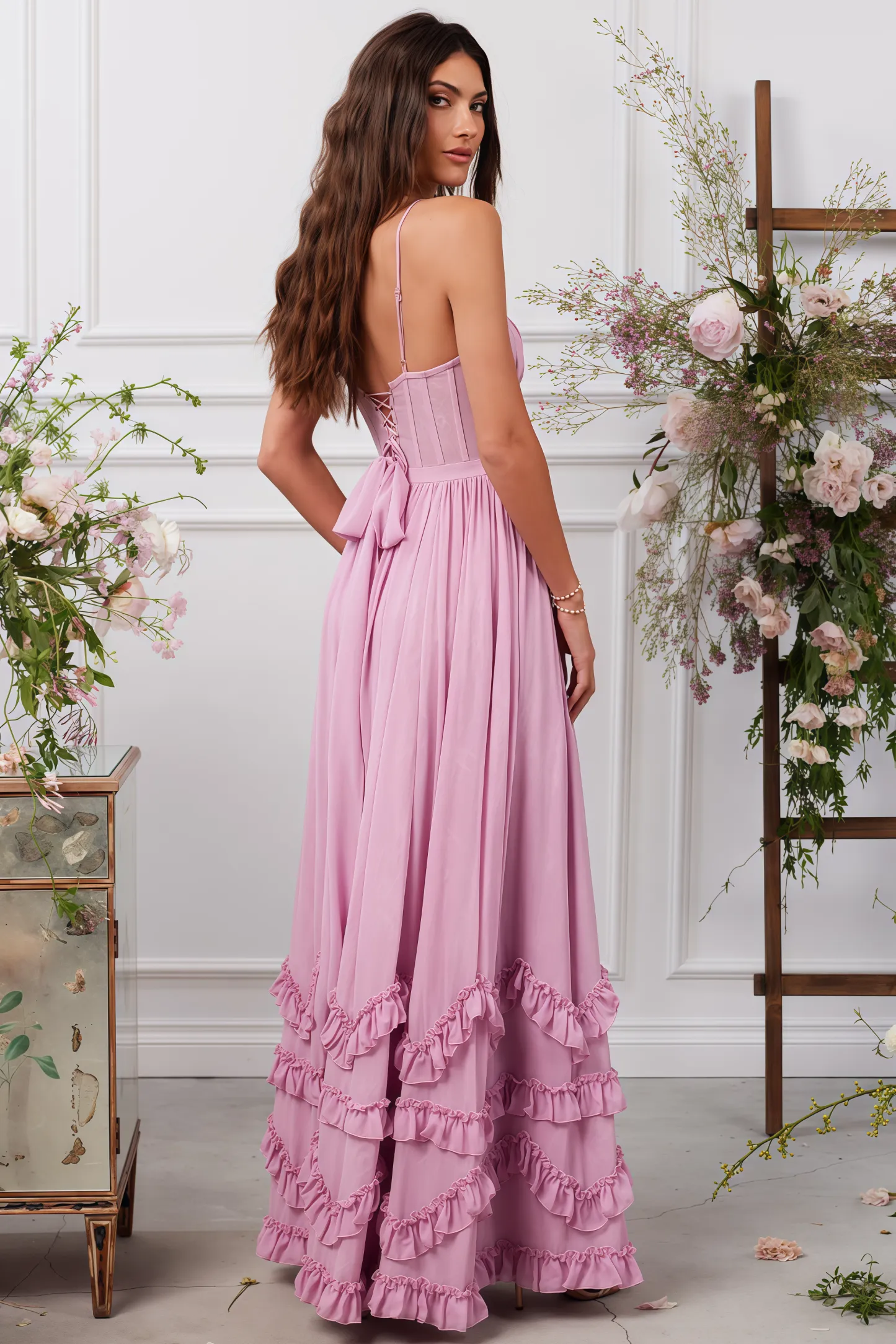 Zivene Pink Halter Fishbone Maxi Dress