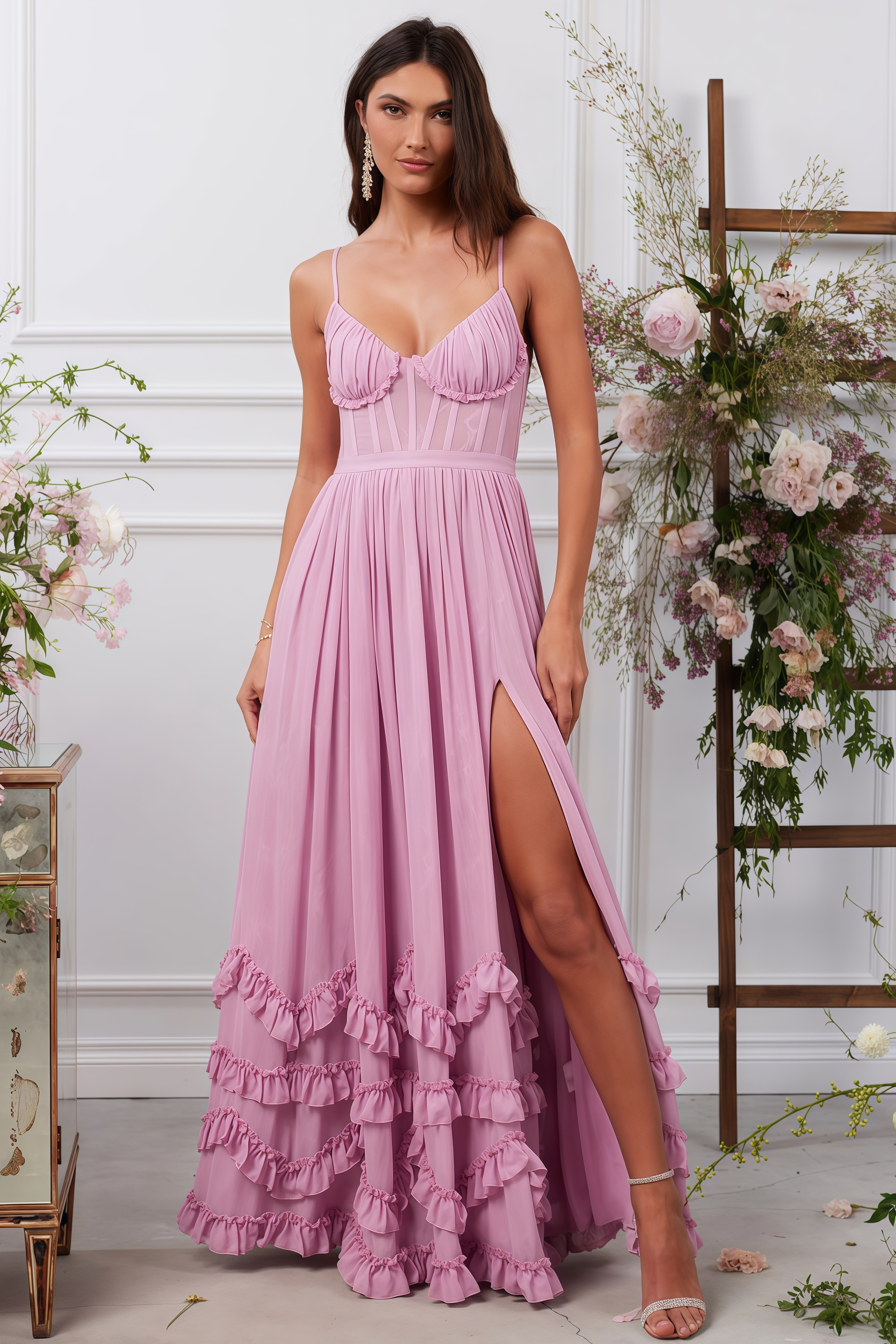 Zivene Pink Halter Fishbone Maxi Dress