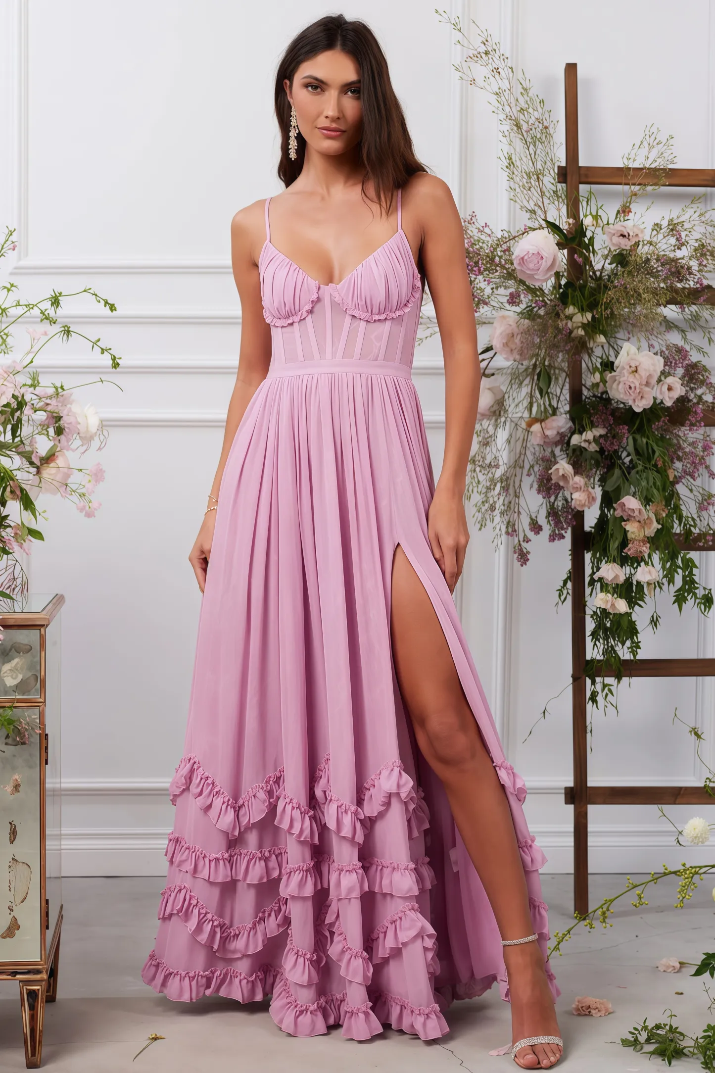 Zivene Pink Halter Fishbone Maxi Dress