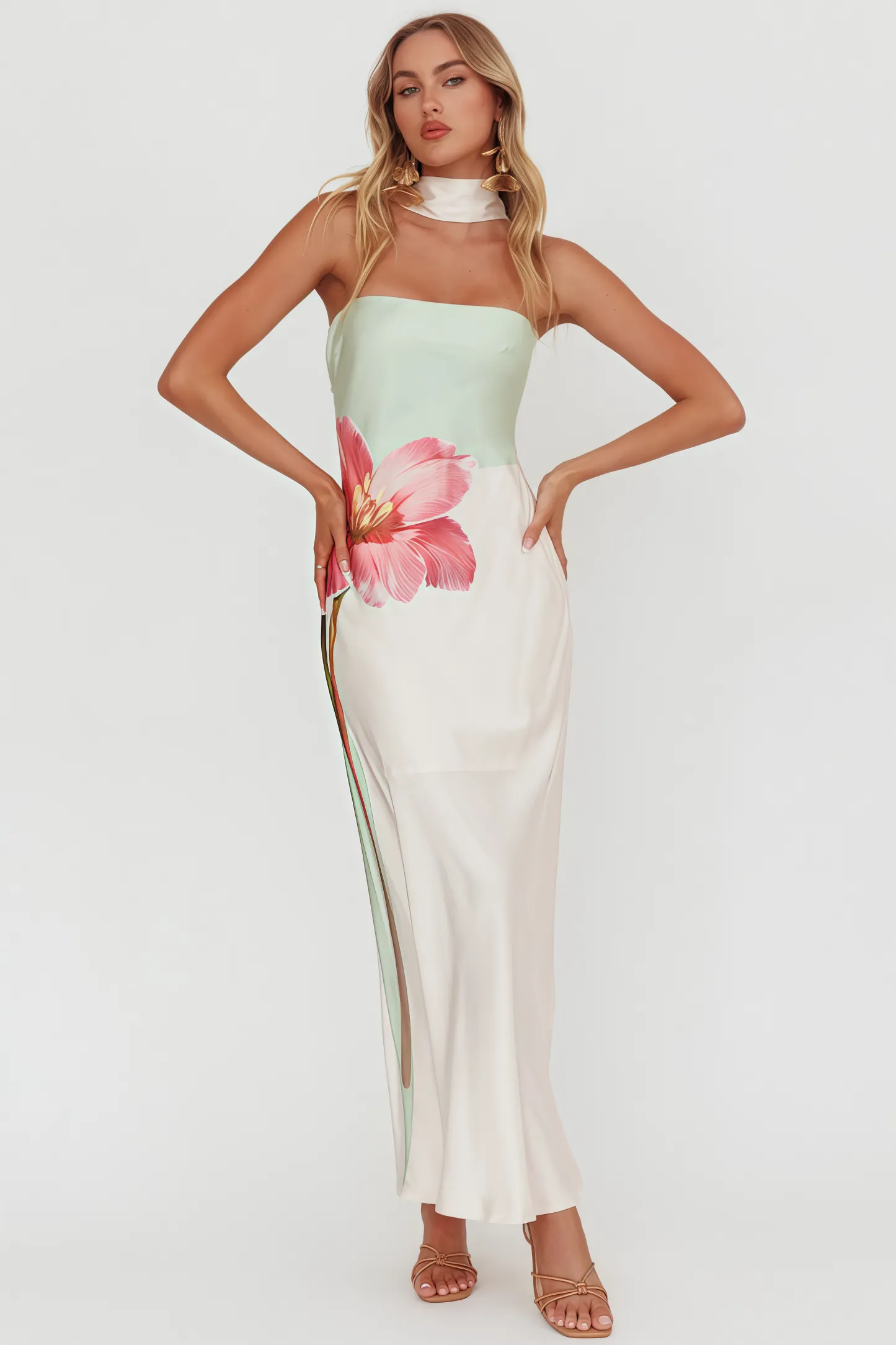 Aericd Flower Green Halter Maxi Dress