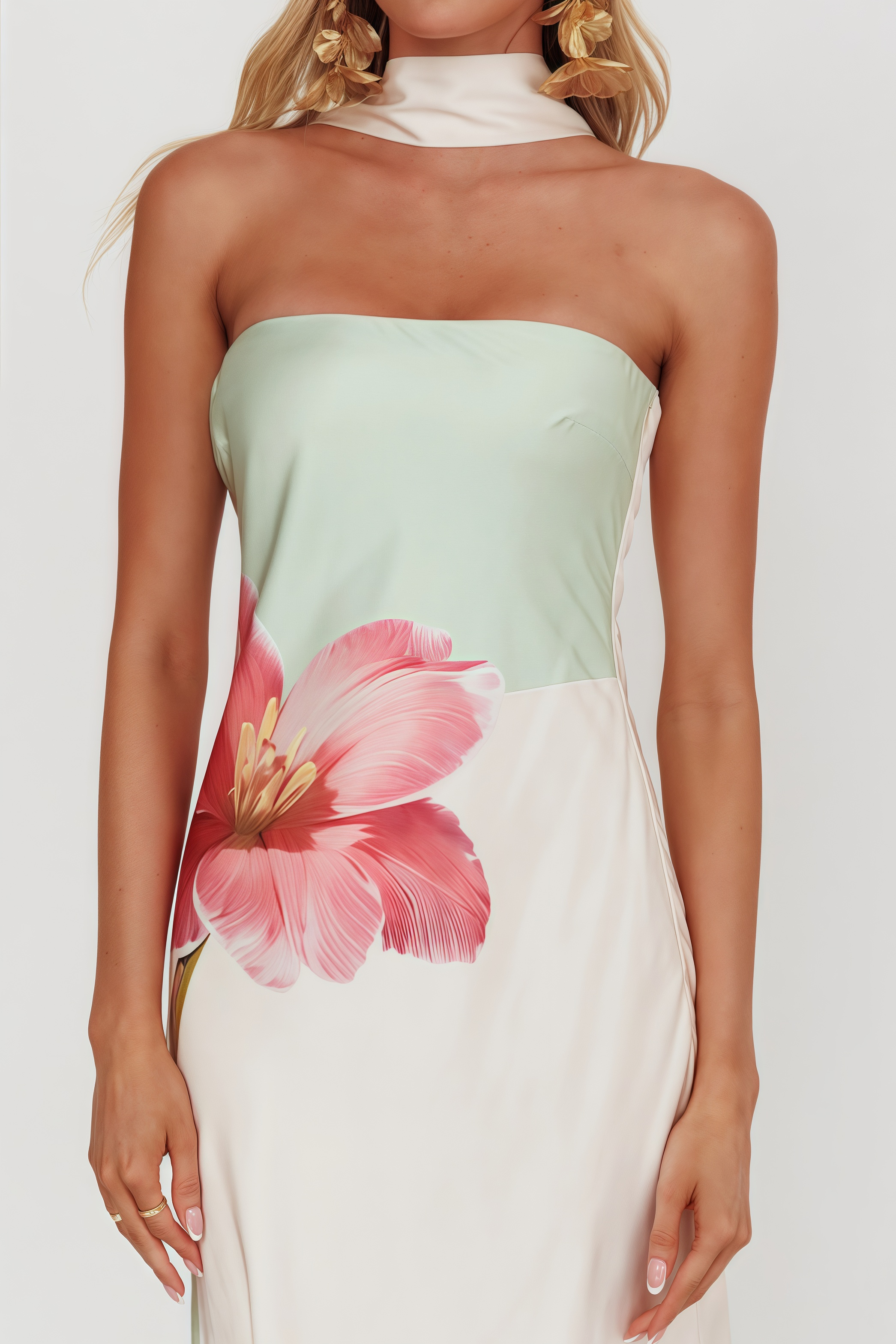 Aericd Flower Green Halter Maxi Dress