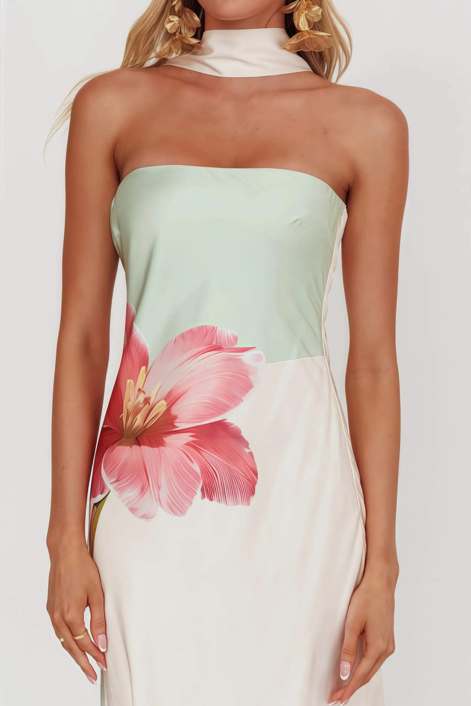 Aericd Flower Green Halter Maxi Dress