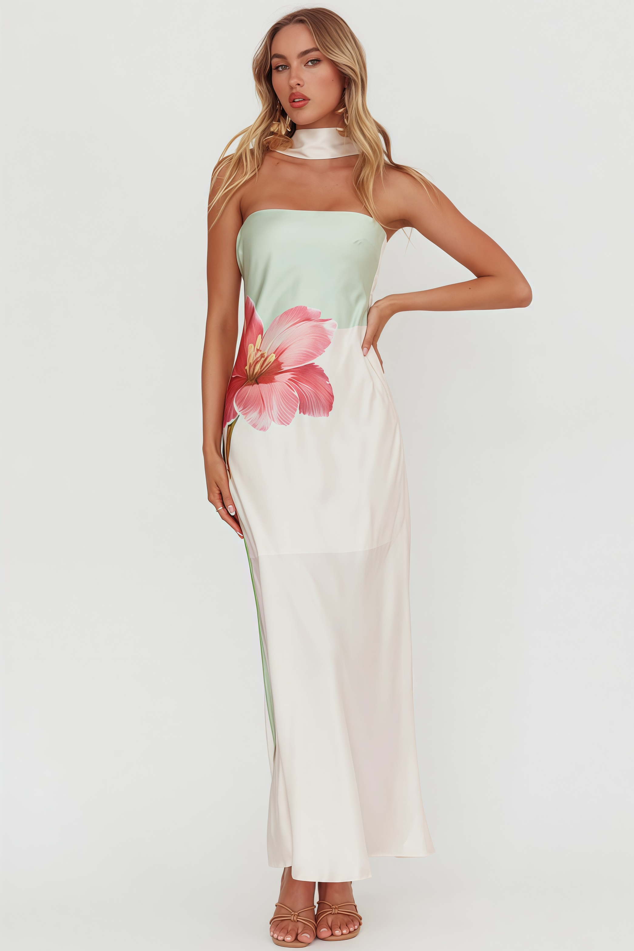 Aericd Flower Green Halter Maxi Dress