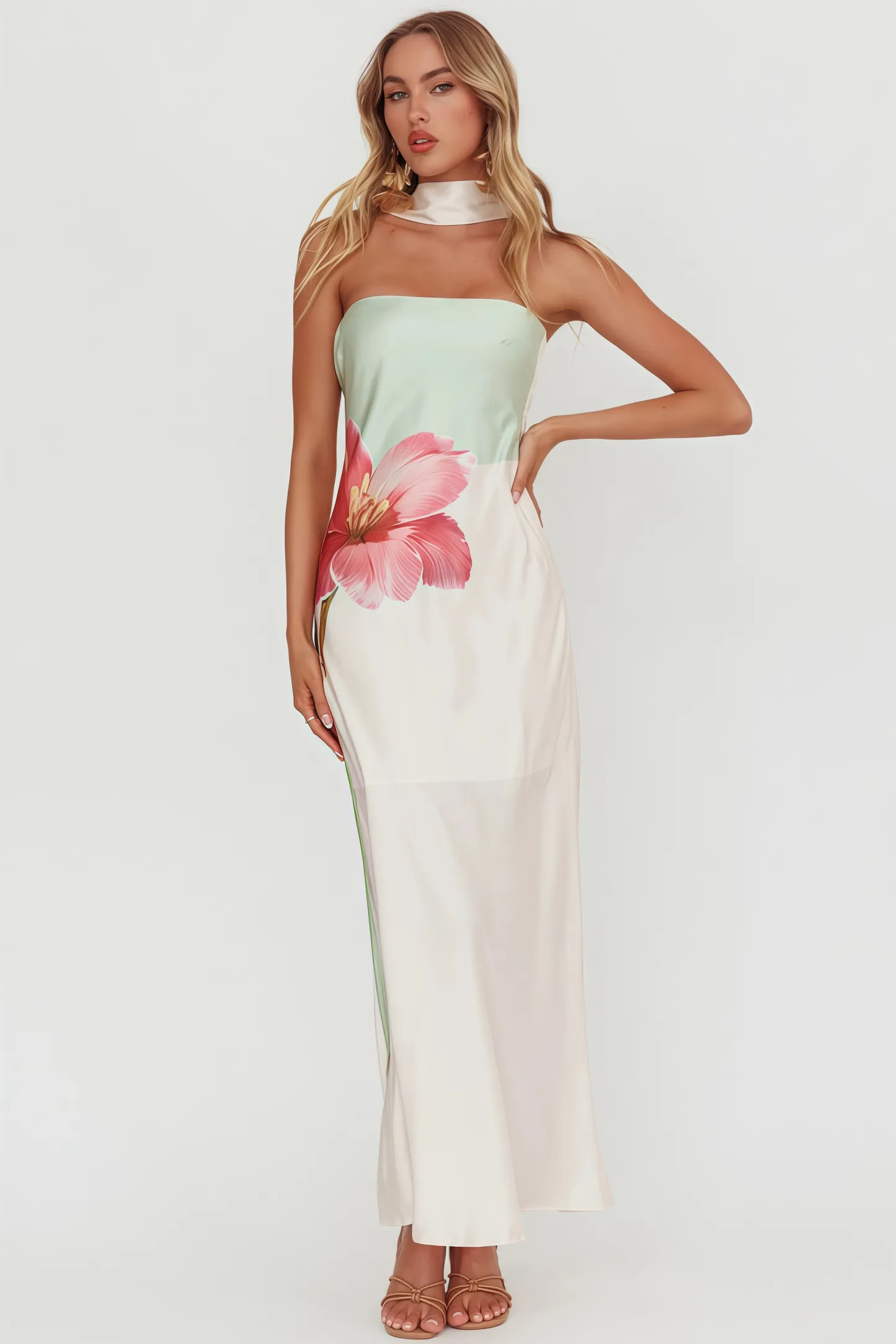 Aericd Flower Green Halter Maxi Dress