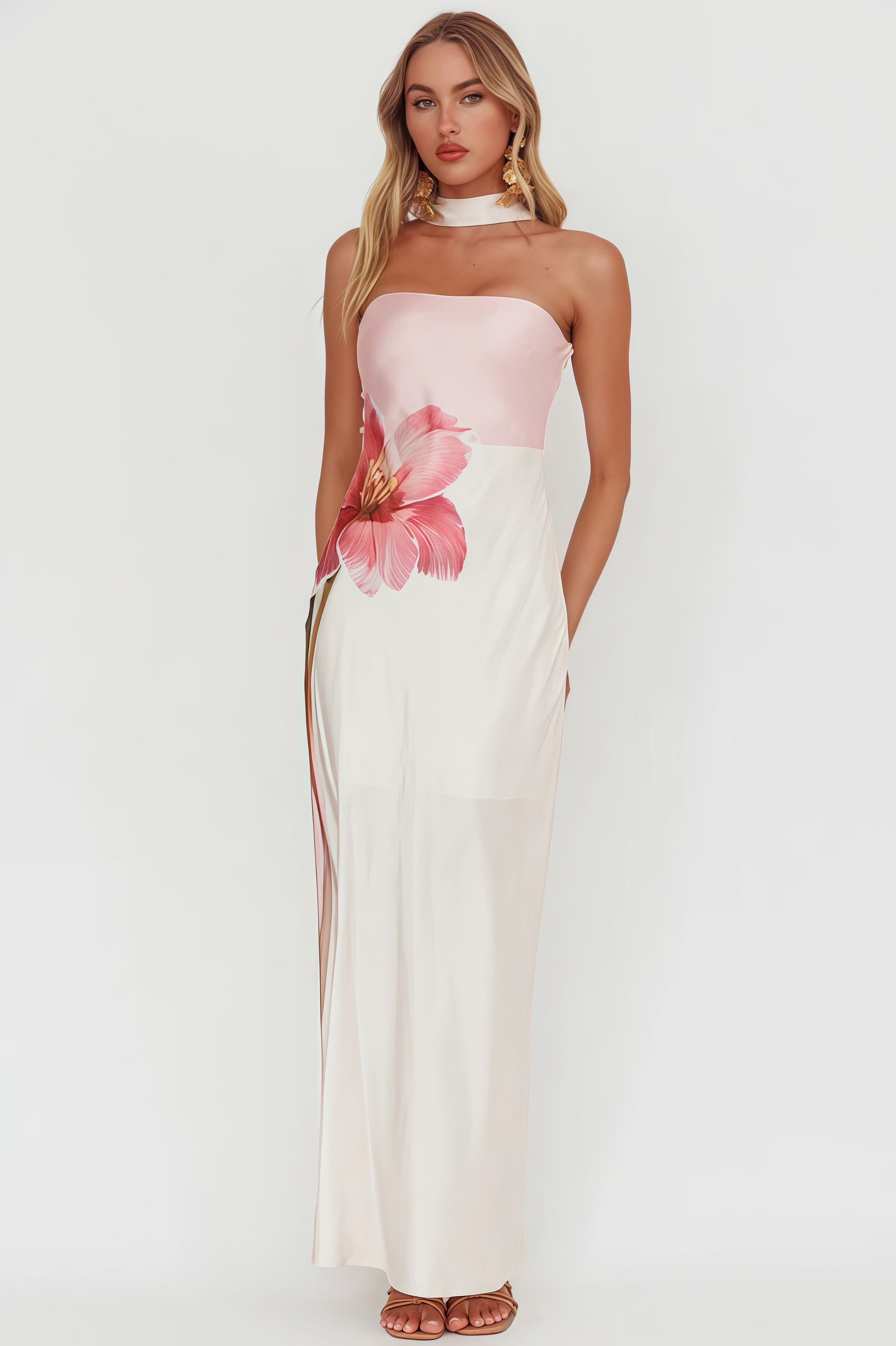 Zevof Halter Flower Pink Maxi Dress