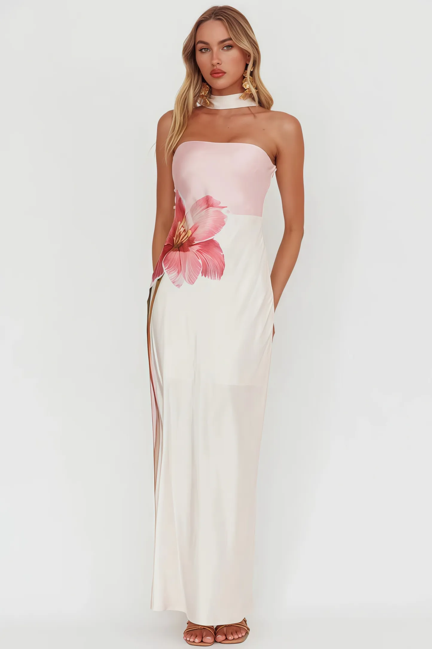 Zevof Halter Flower Pink Maxi Dress