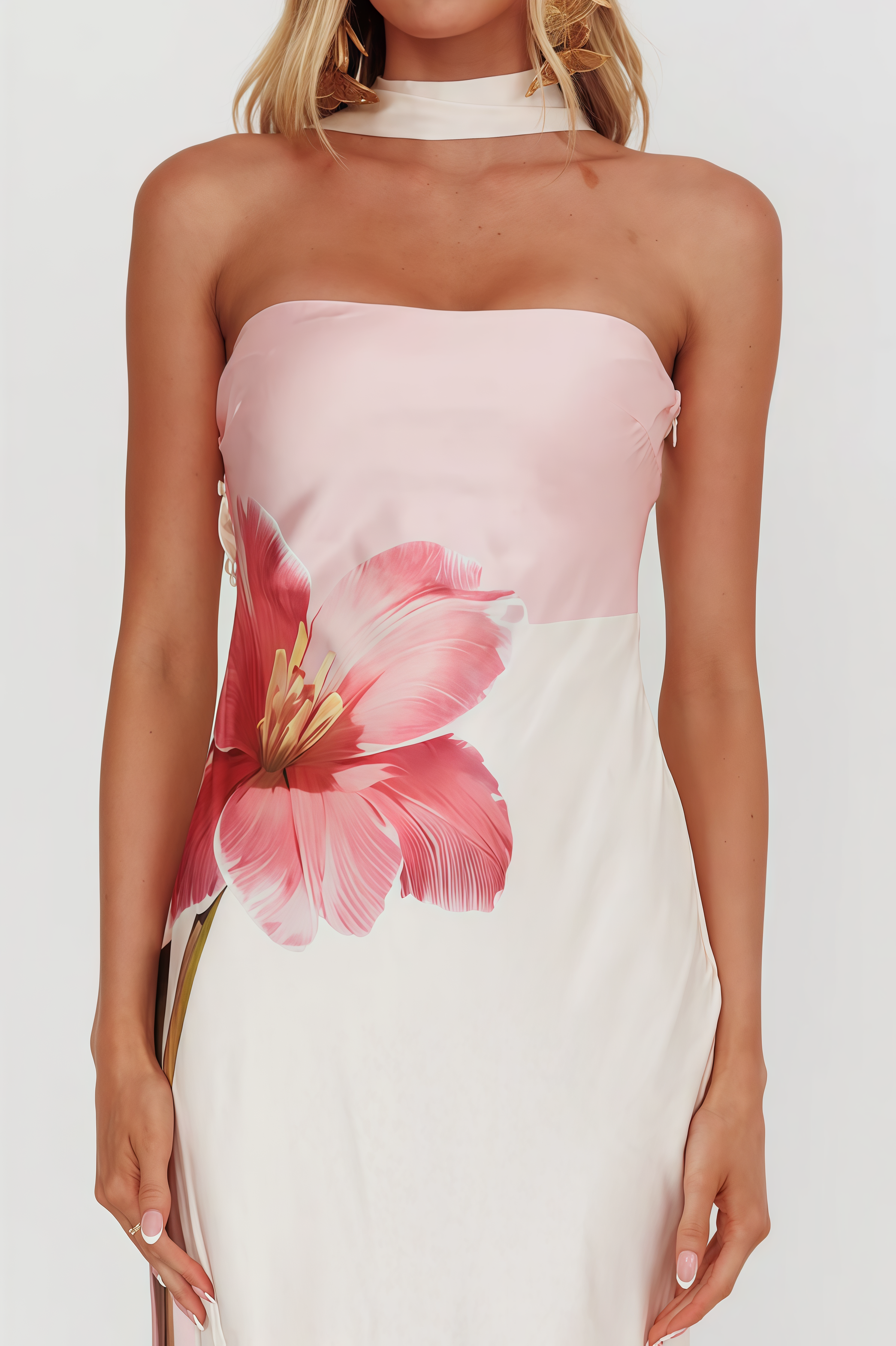 Zevof Halter Flower Pink Maxi Dress