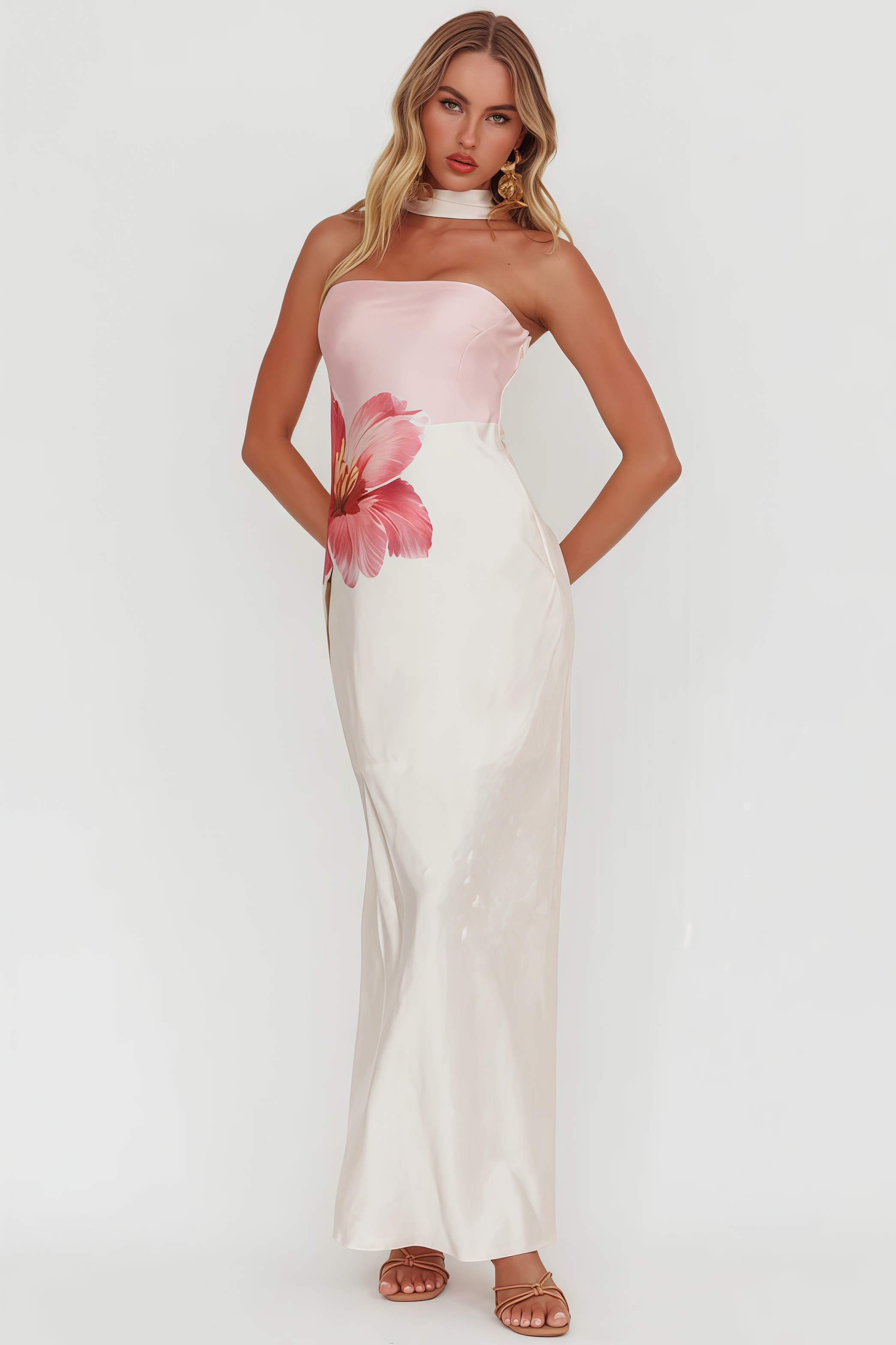 Zevof Halter Flower Pink Maxi Dress
