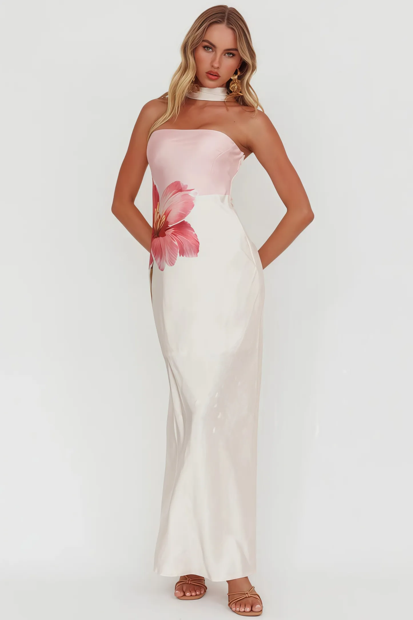 Zevof Halter Flower Pink Maxi Dress