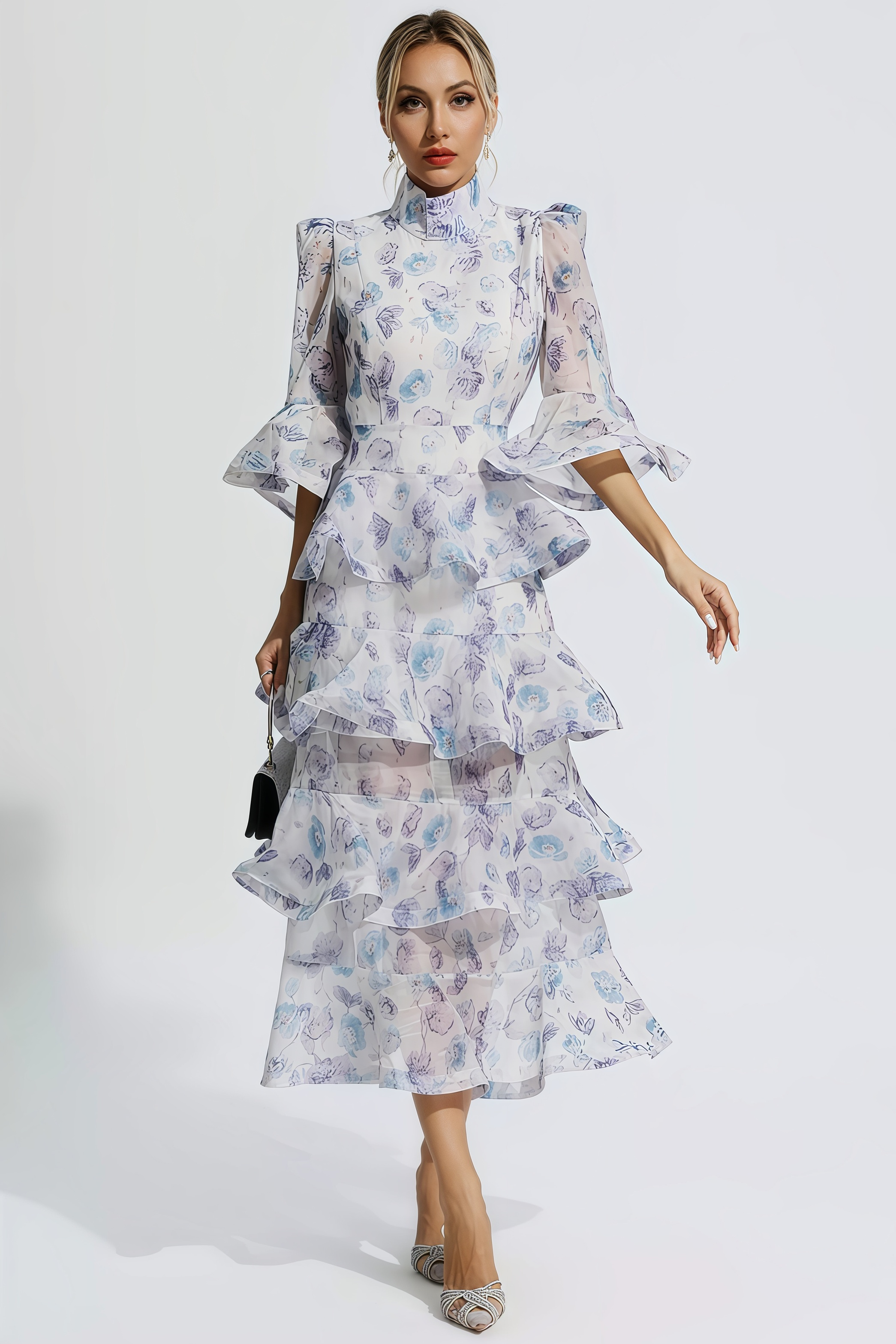 Greer Blue Purple Floral Ruched Maxi Dress