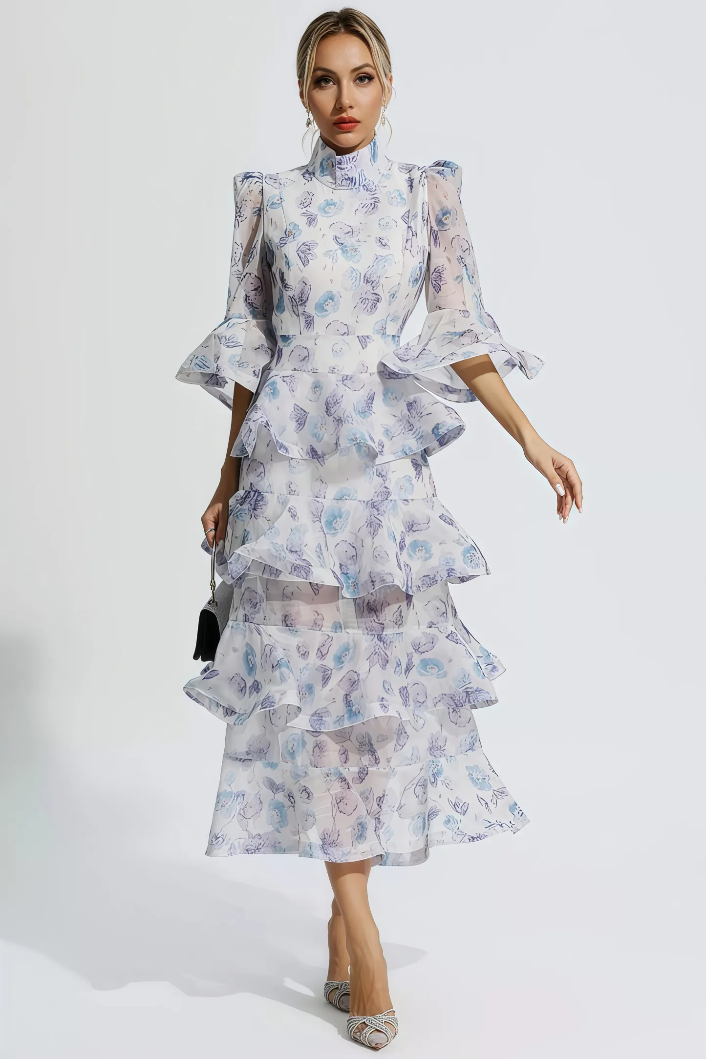 Greer Blue Purple Floral Ruched Maxi Dress