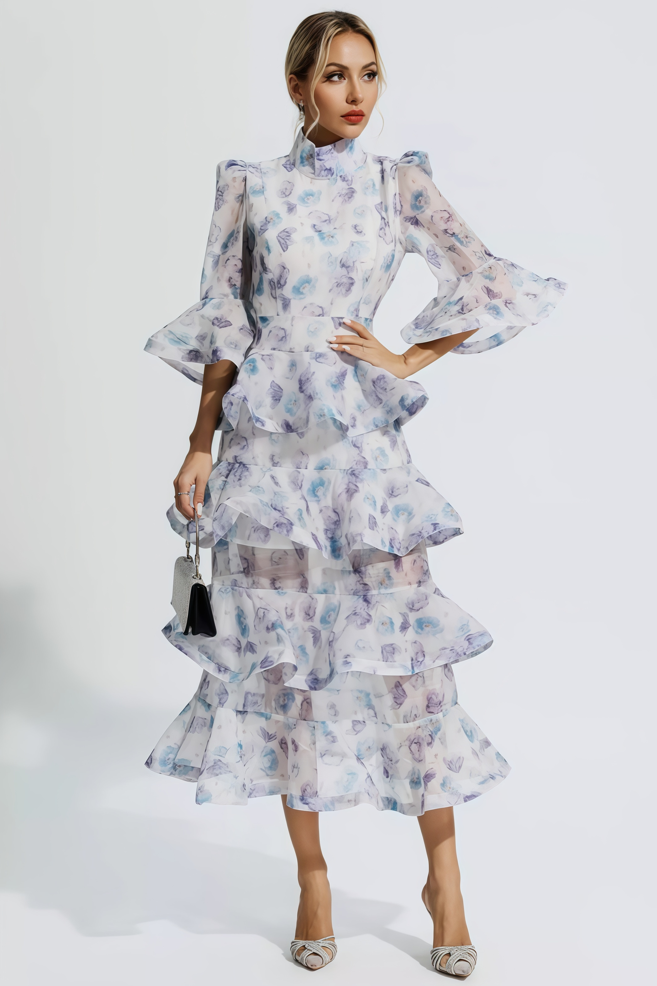 Greer Blue Purple Floral Ruched Maxi Dress