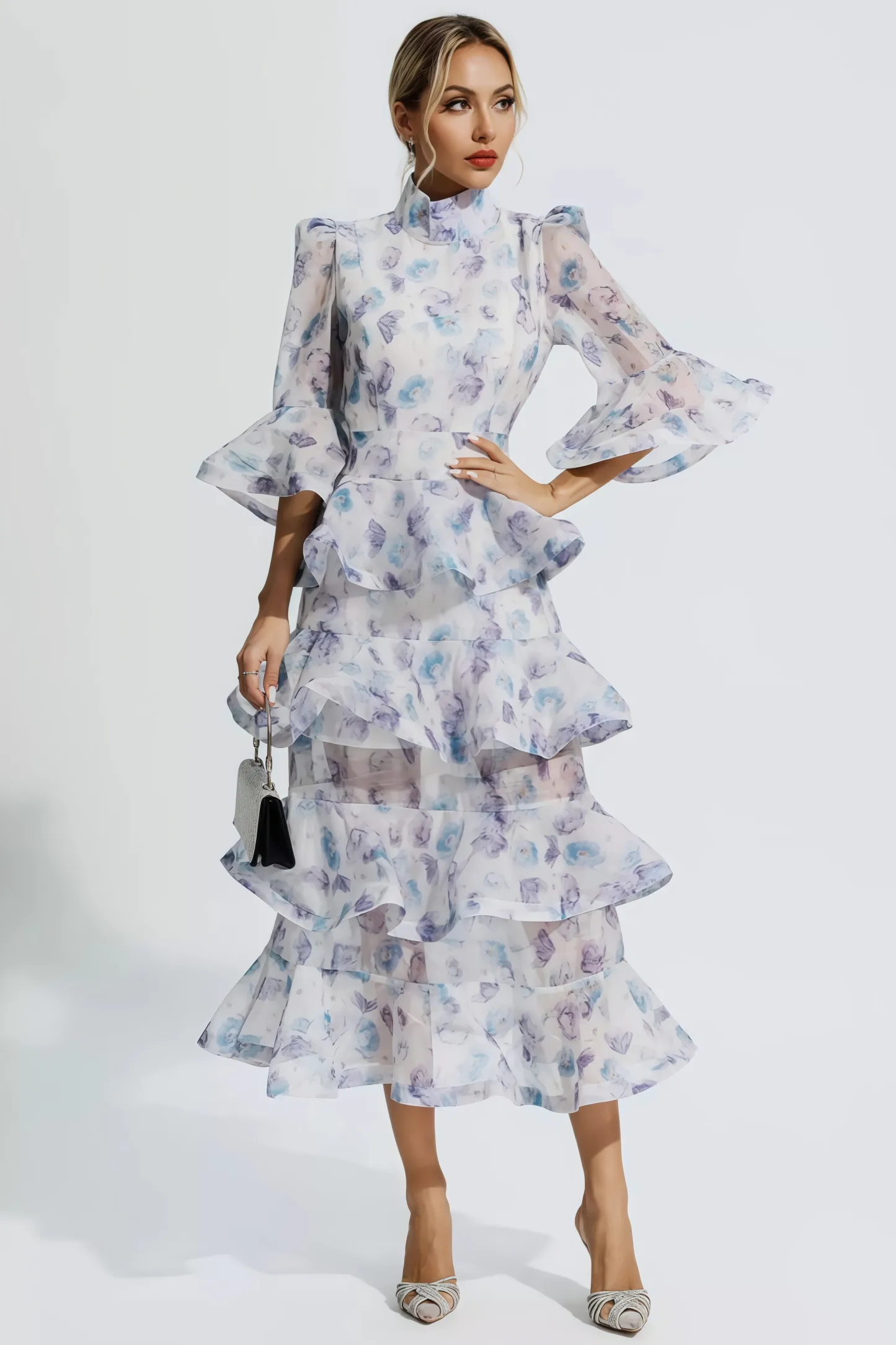 Greer Blue Purple Floral Ruched Maxi Dress
