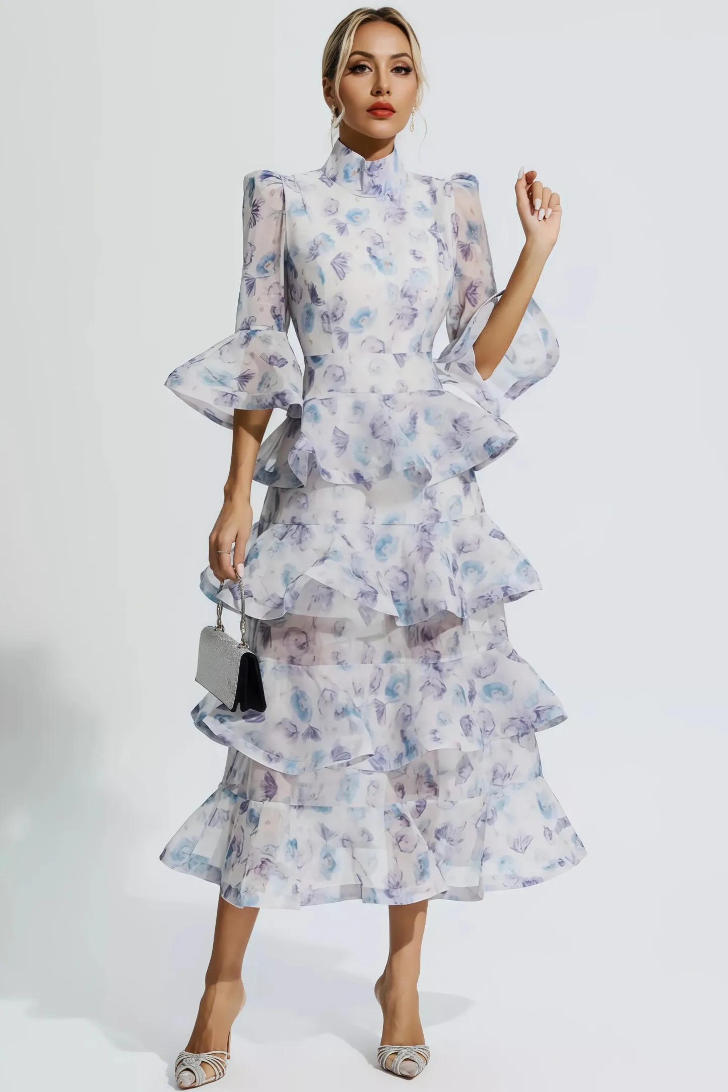 Greer Blue Purple Floral Ruched Maxi Dress