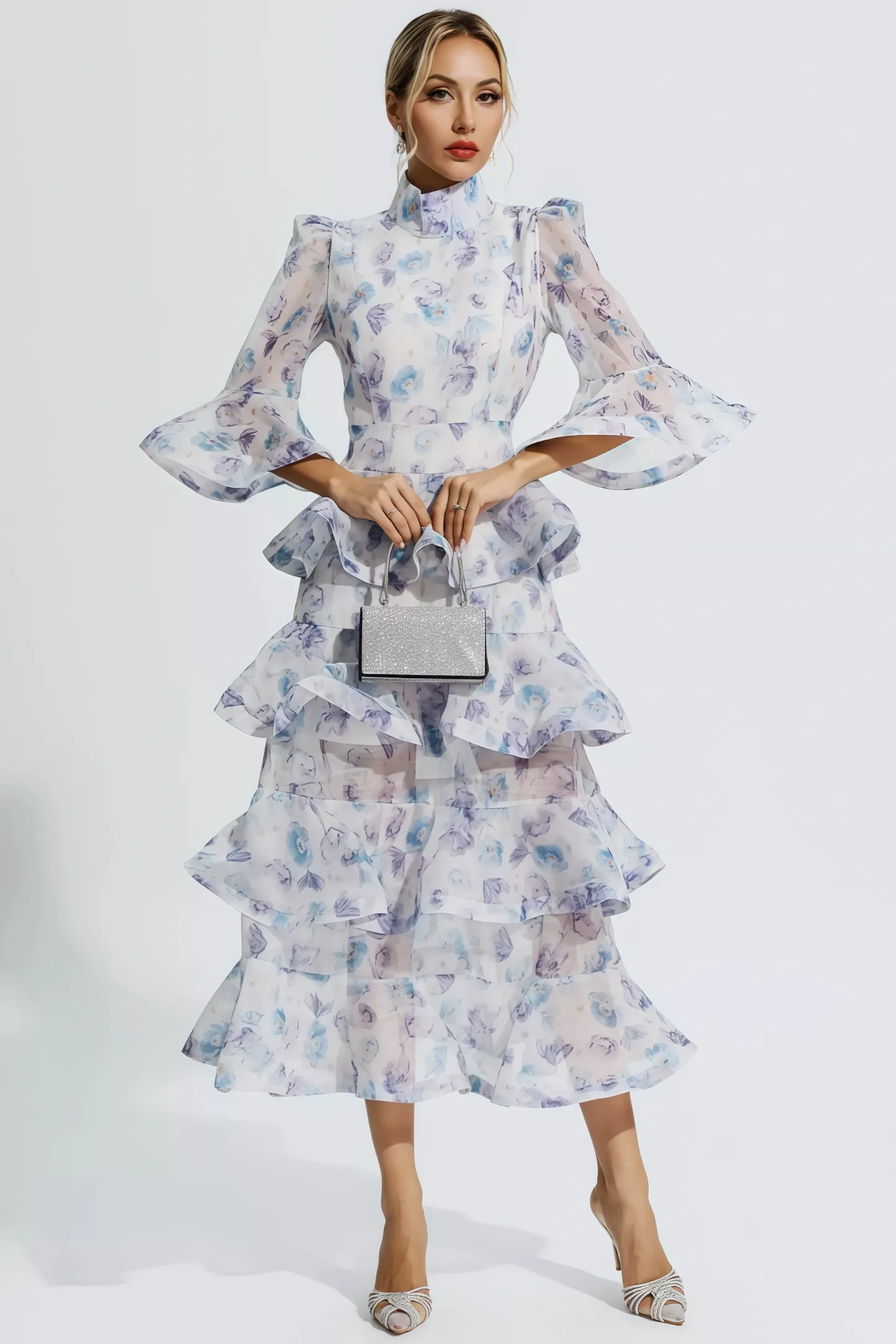 Greer Blue Purple Floral Ruched Maxi Dress