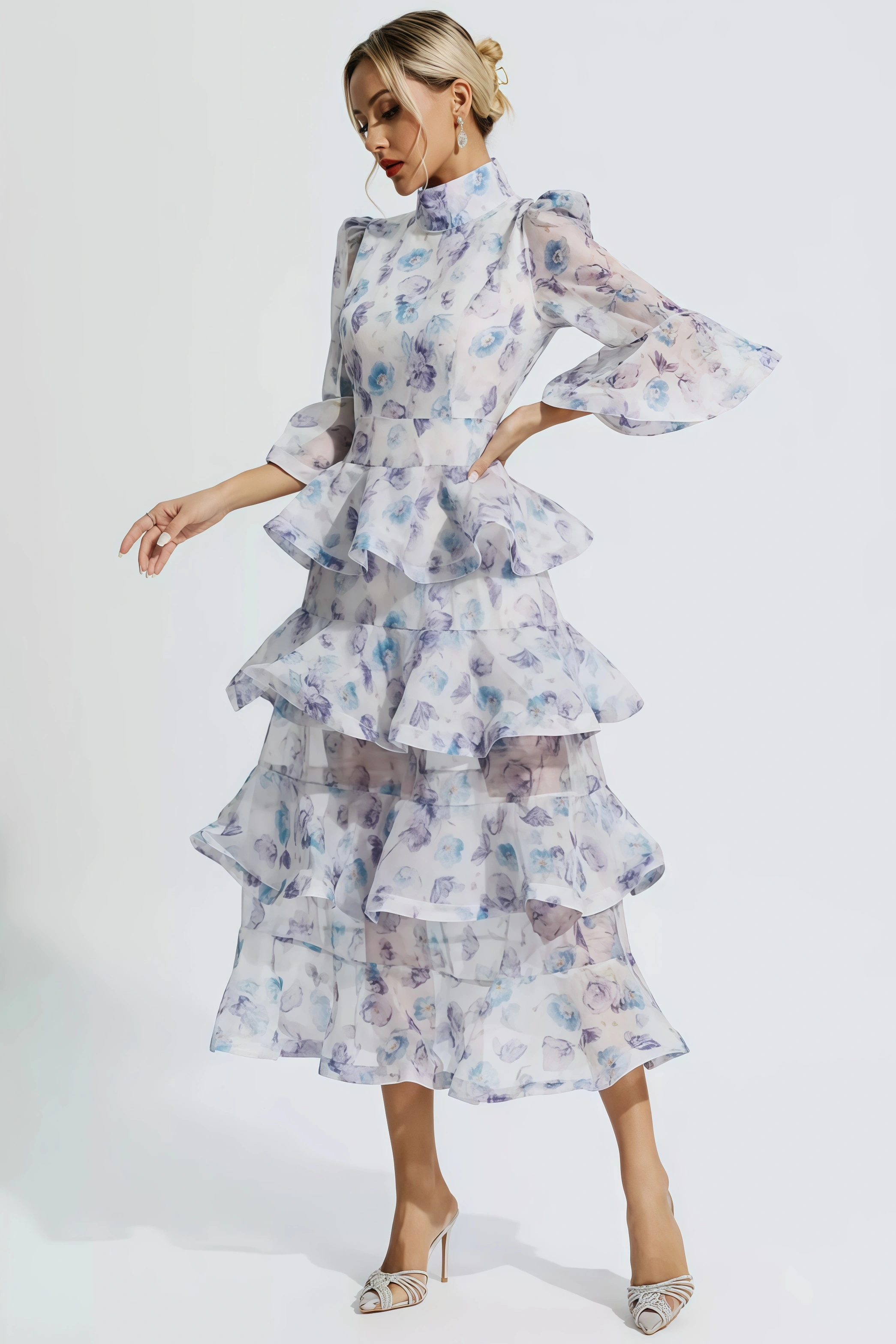Greer Blue Purple Floral Ruched Maxi Dress