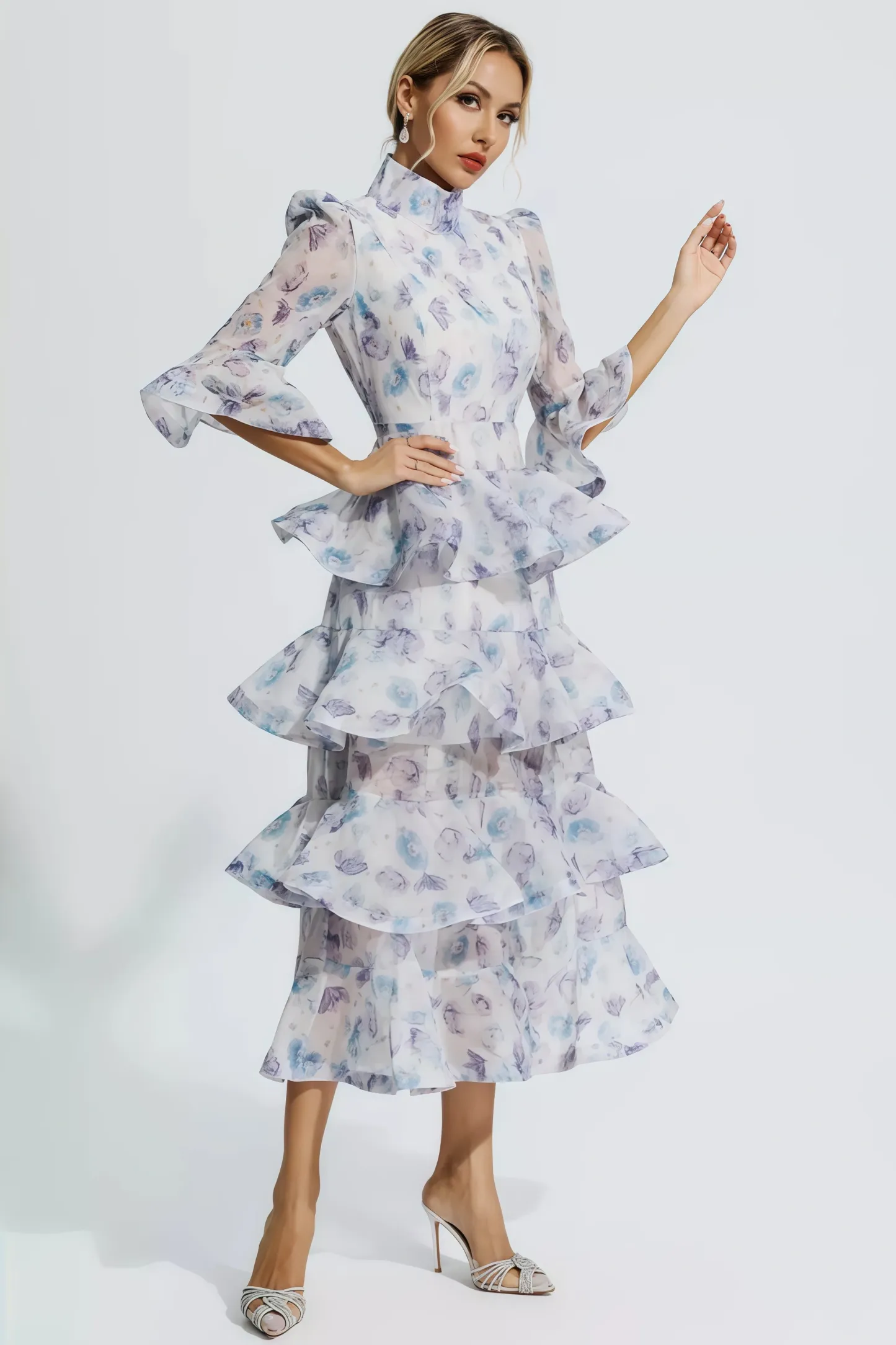 Greer Blue Purple Floral Ruched Maxi Dress