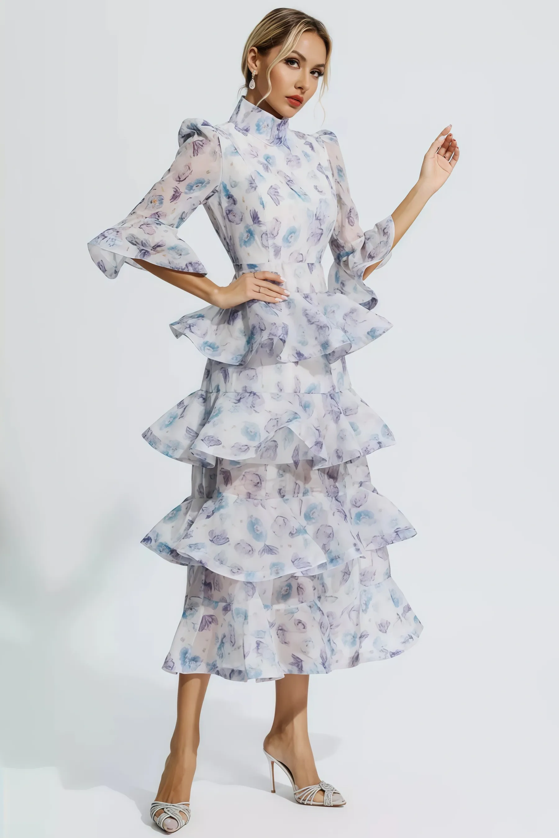 Greer Blue Purple Floral Ruched Maxi Dress