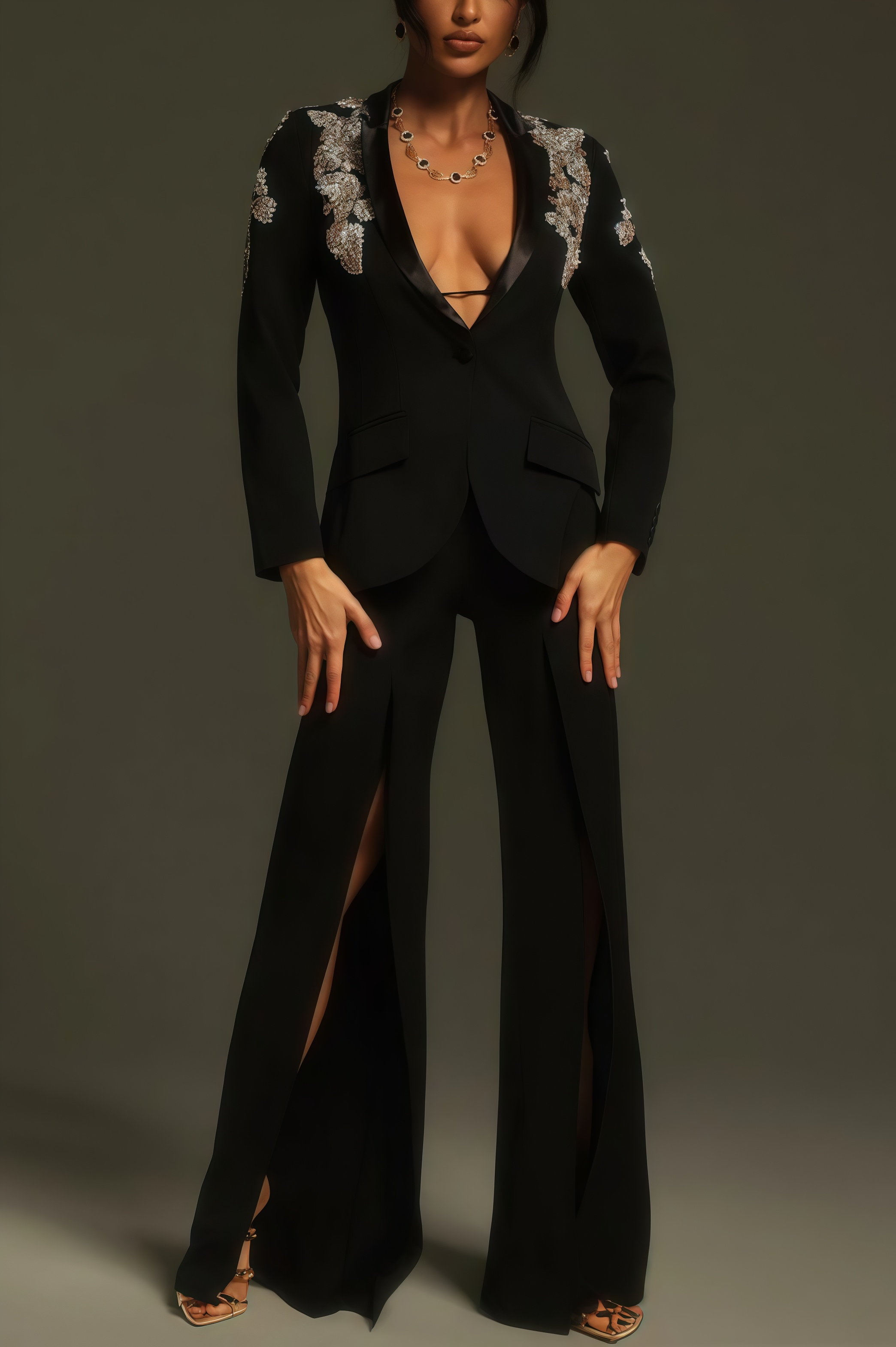 Pael Rhinestone Split Blazer Set