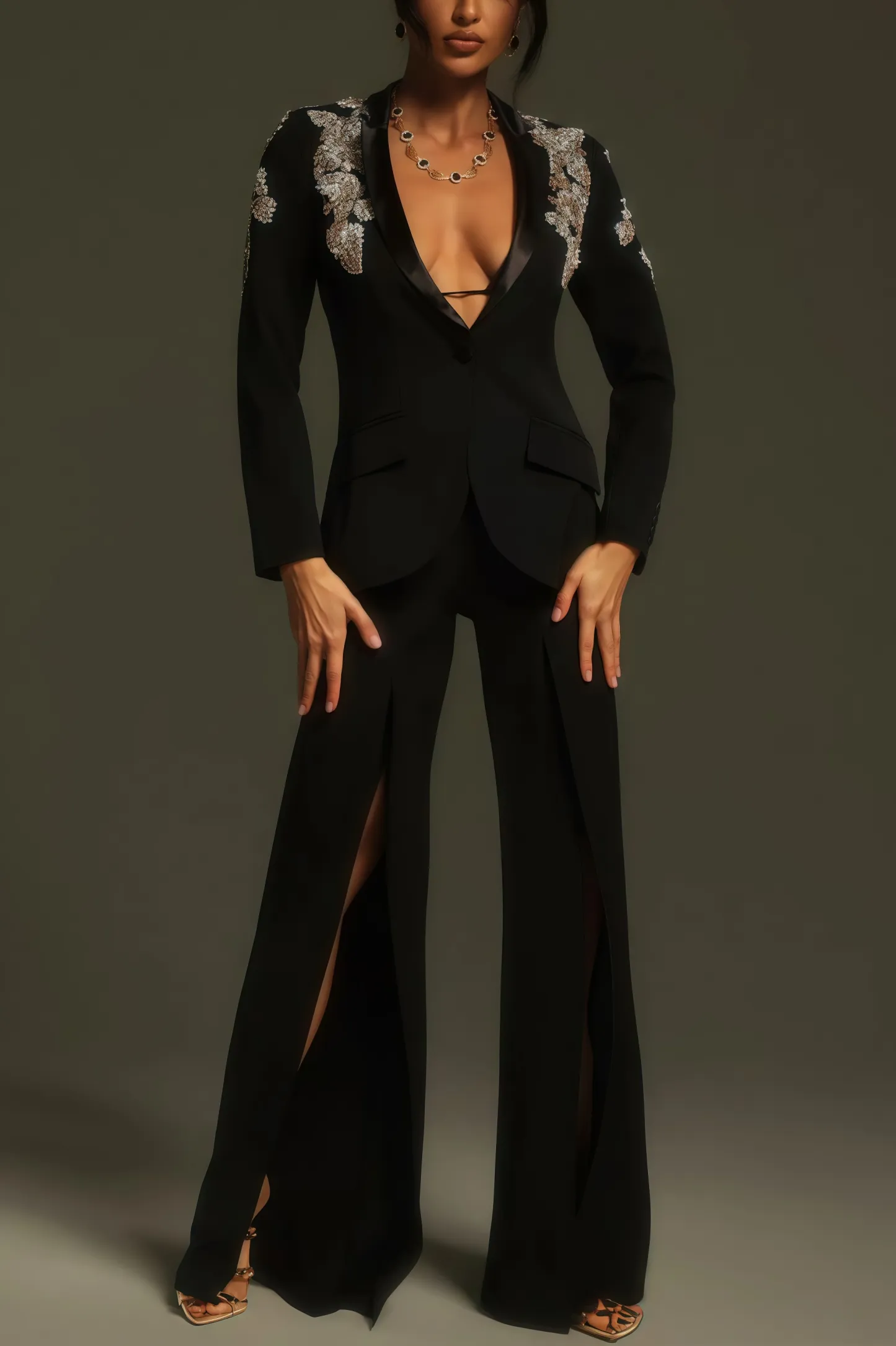 Pael Rhinestone Split Blazer Set