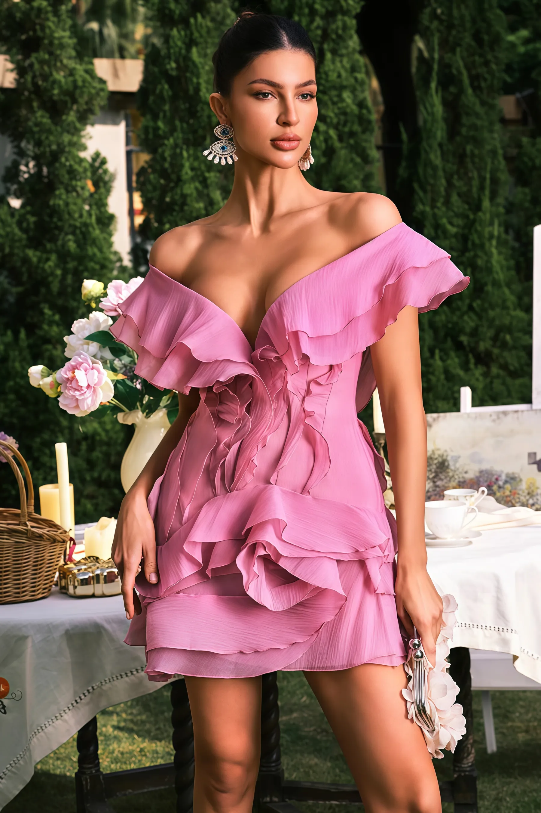 Zenkt Pink V Neck Ruffle Mini Dress