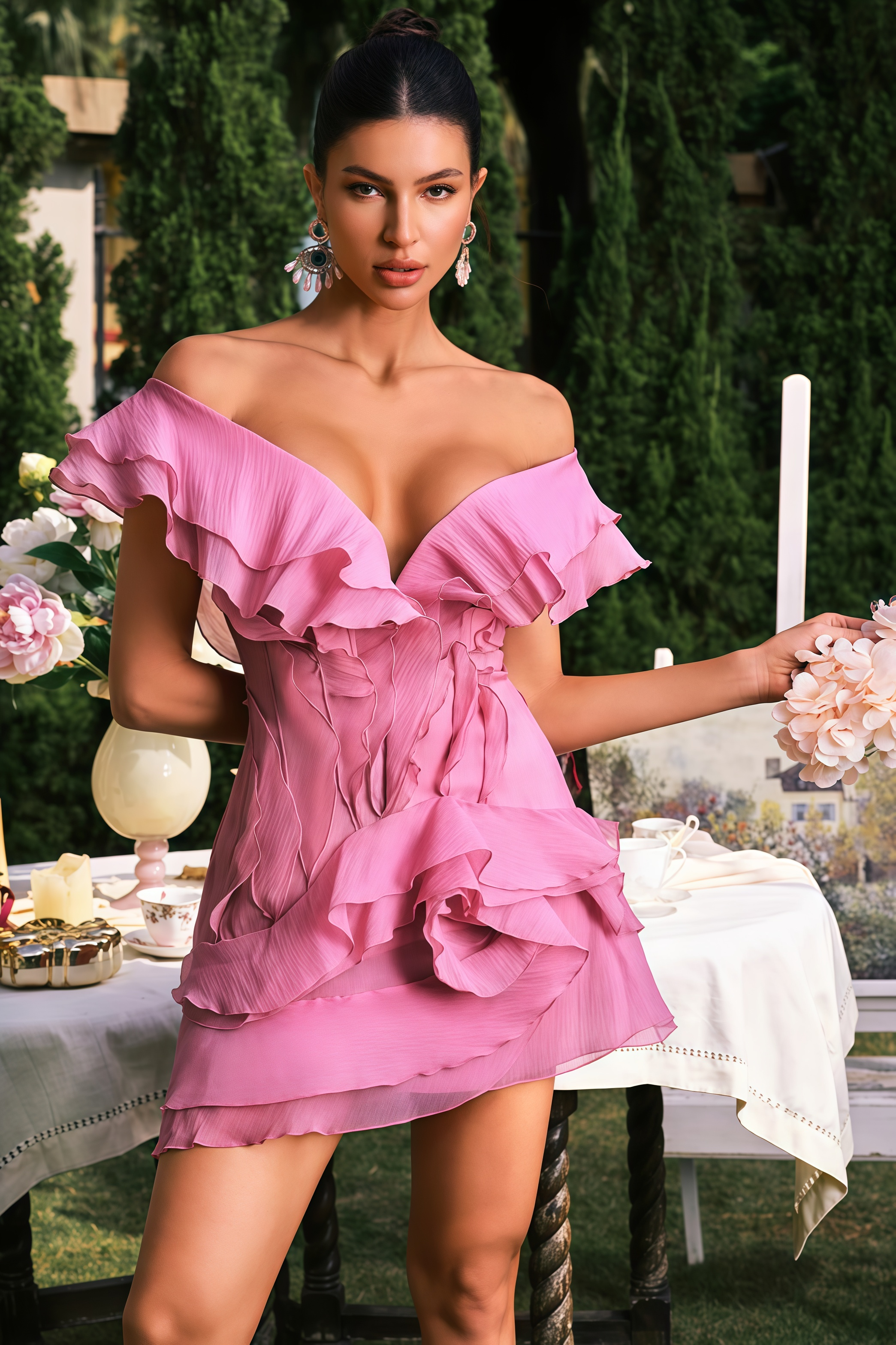 Zenkt Pink V Neck Ruffle Mini Dress