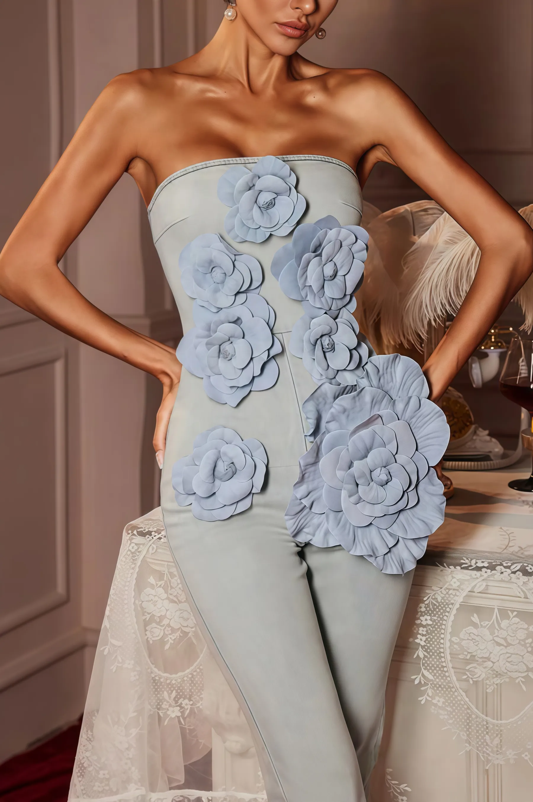 Ty Strapless Flower Denim Jumpsuit