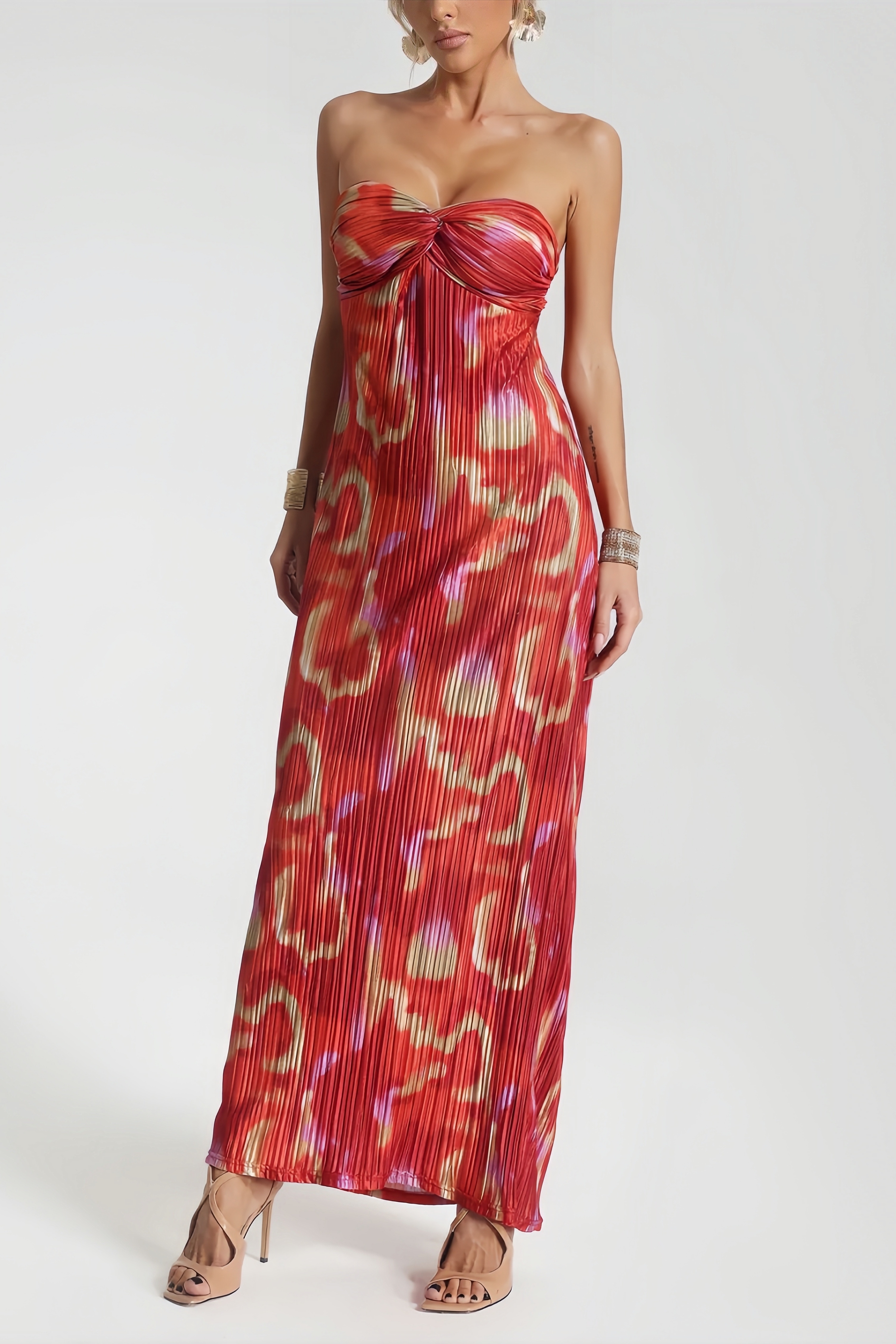 Zina Sheath Printed Pleated Maxi Dress