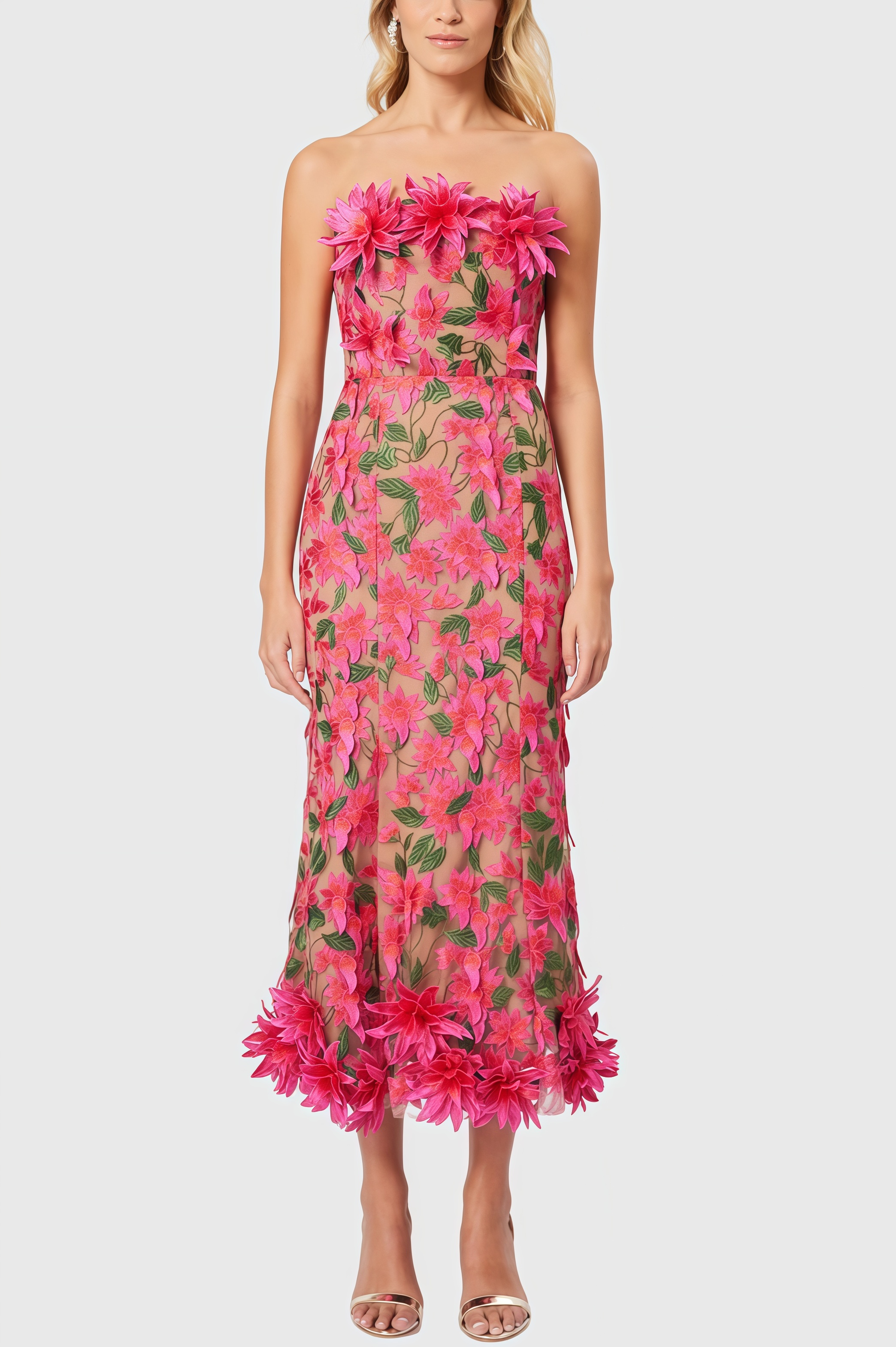 Adame 3D Floral Mesh Midi Dress