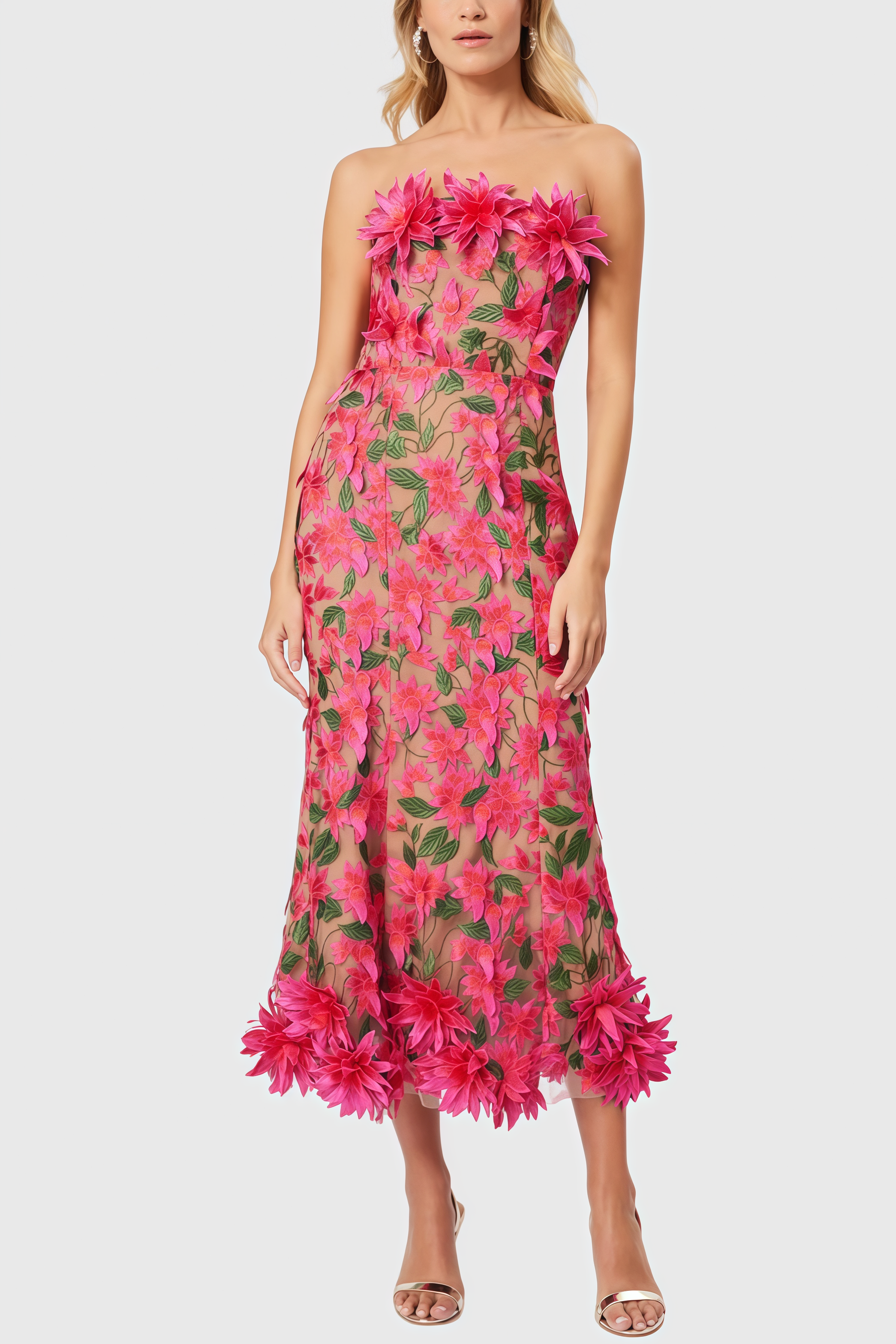 Adame 3D Floral Mesh Midi Dress