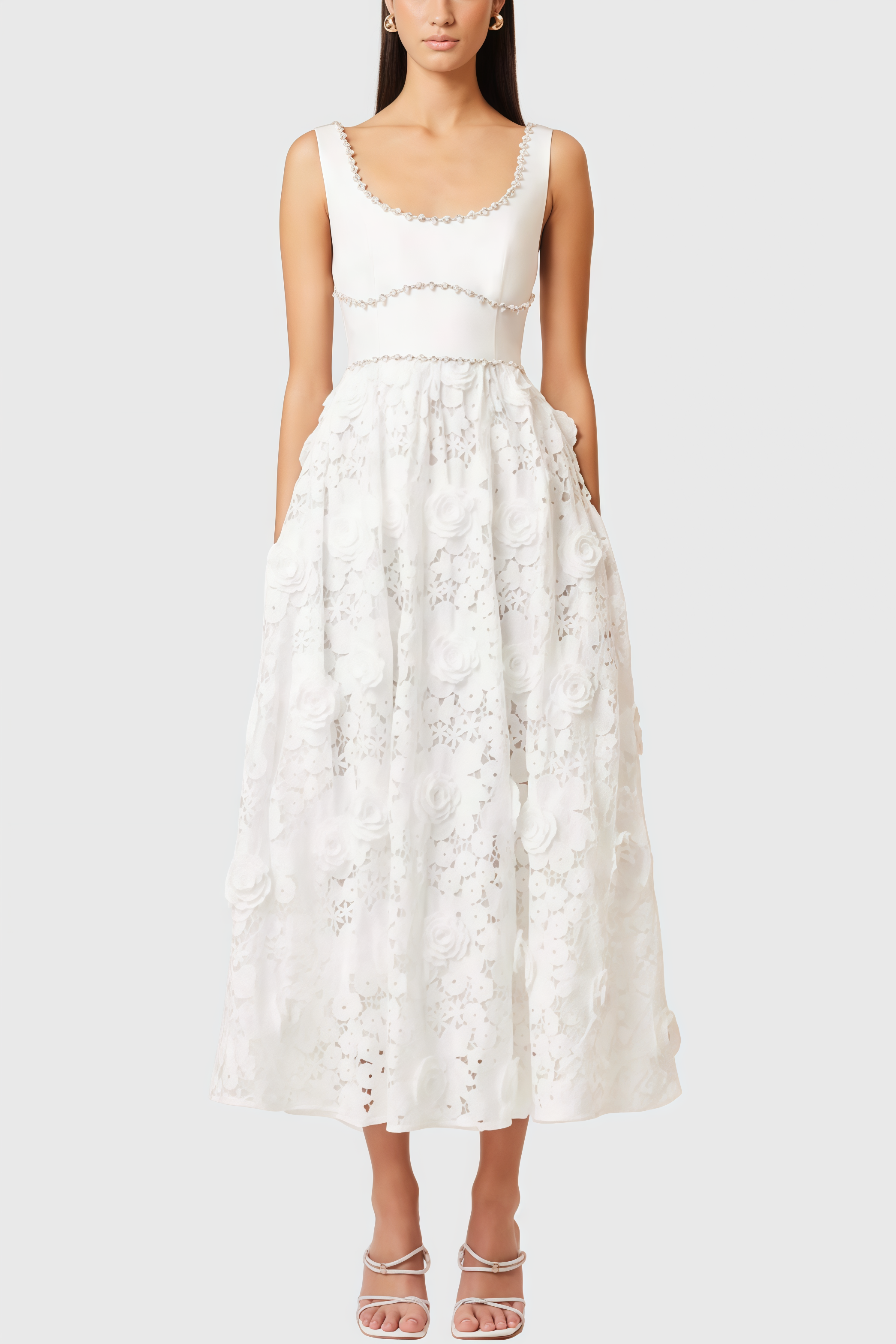 Saraho White Lace Midi Dress