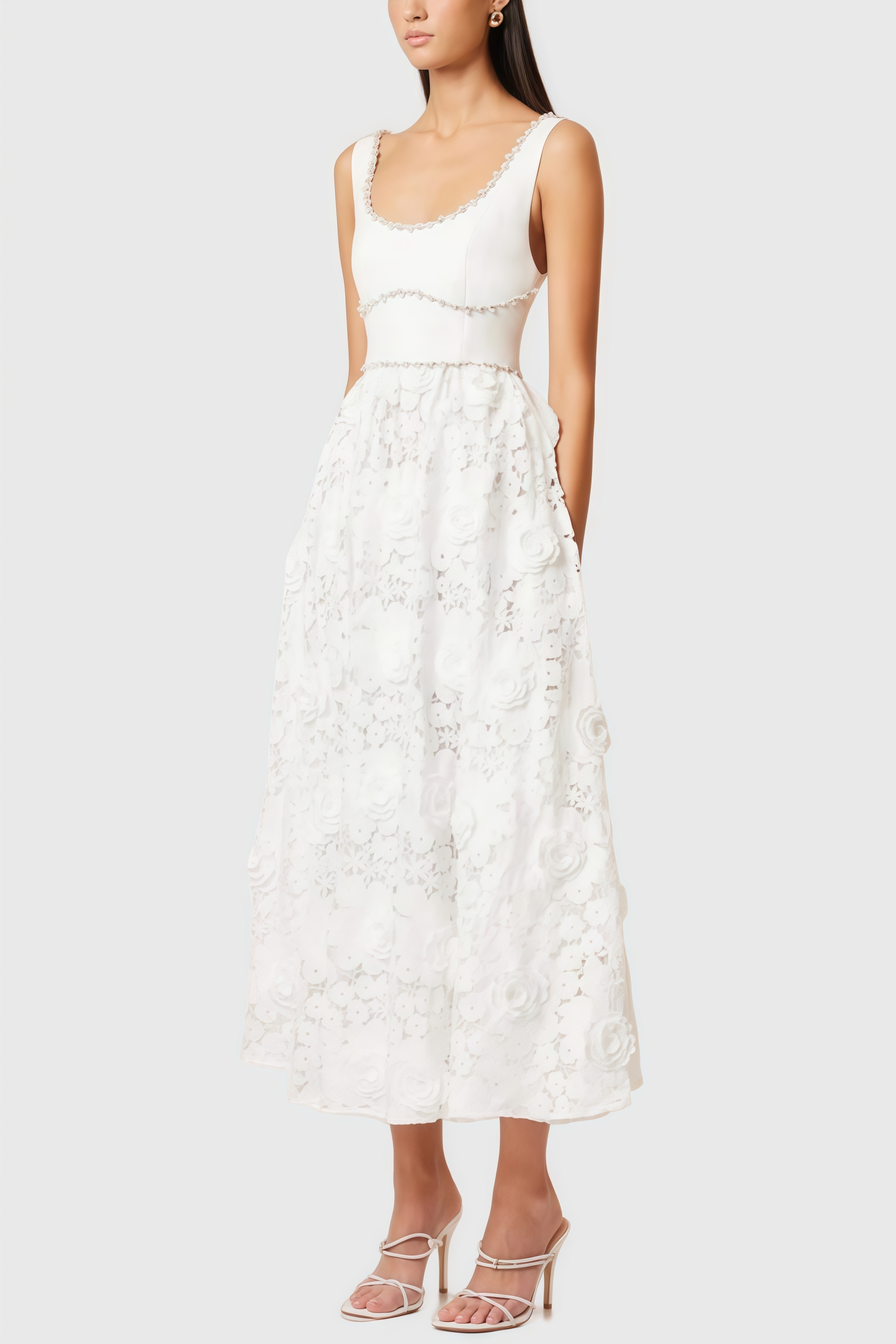 Saraho White Lace Midi Dress