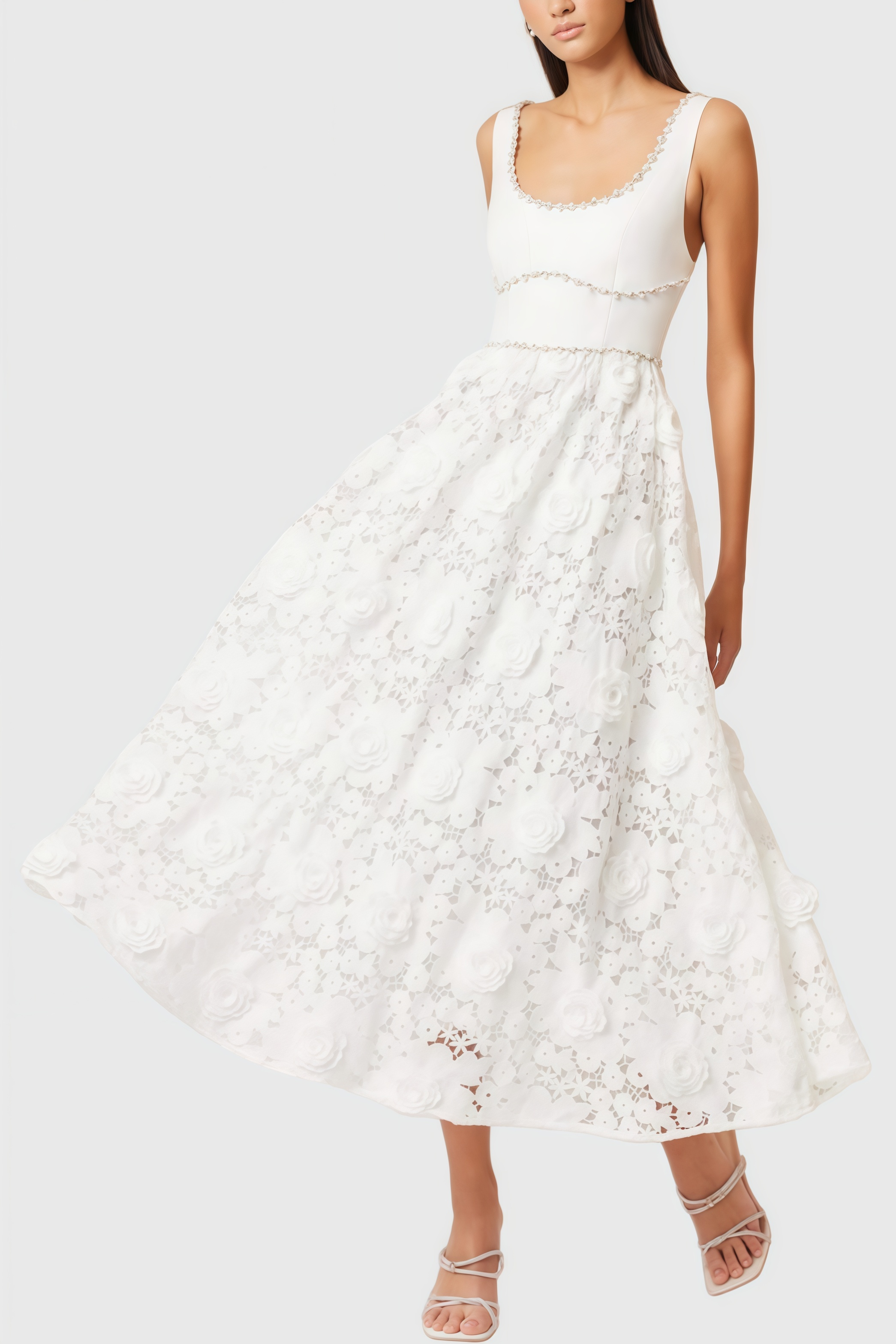 Saraho White Lace Midi Dress