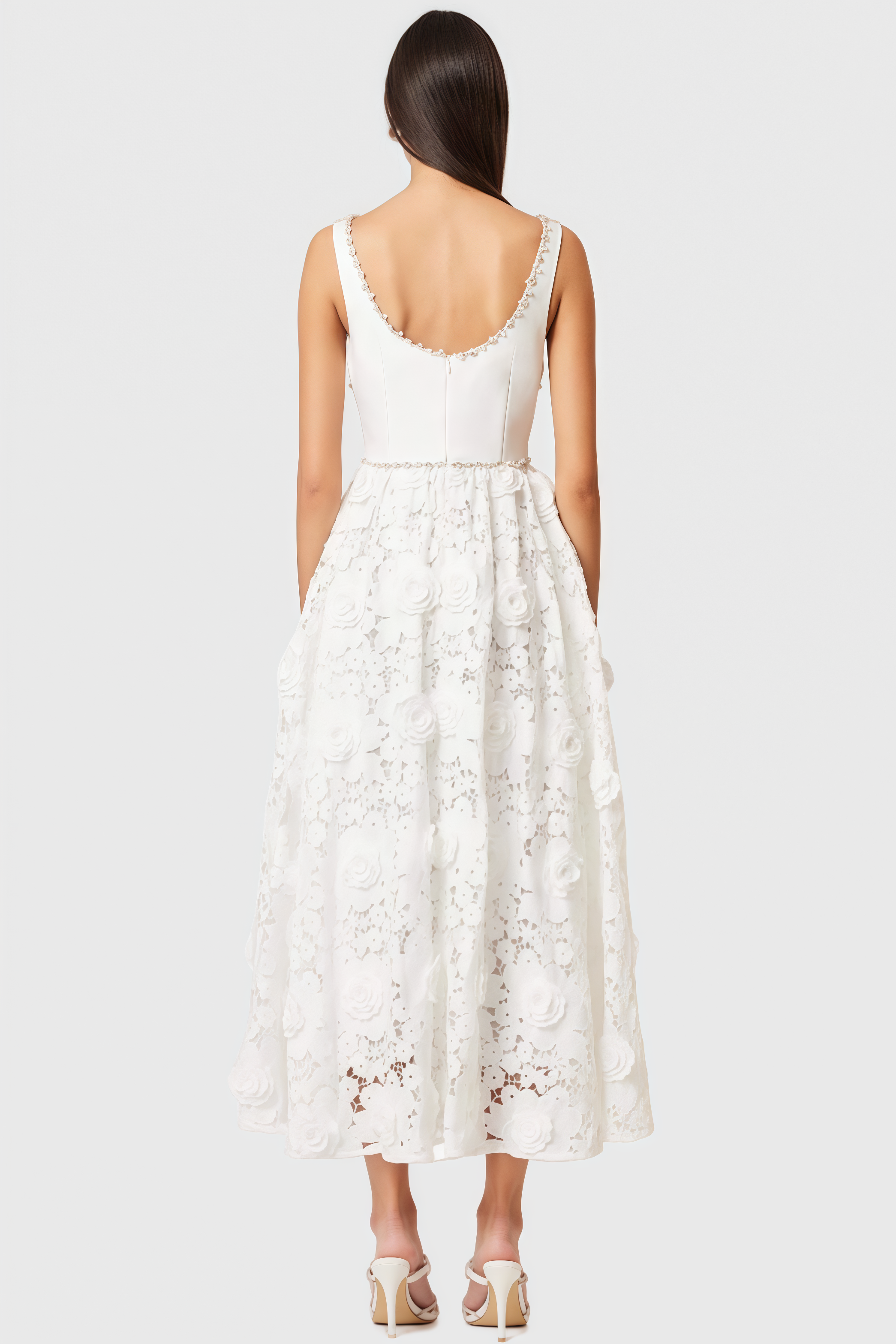 Saraho White Lace Midi Dress