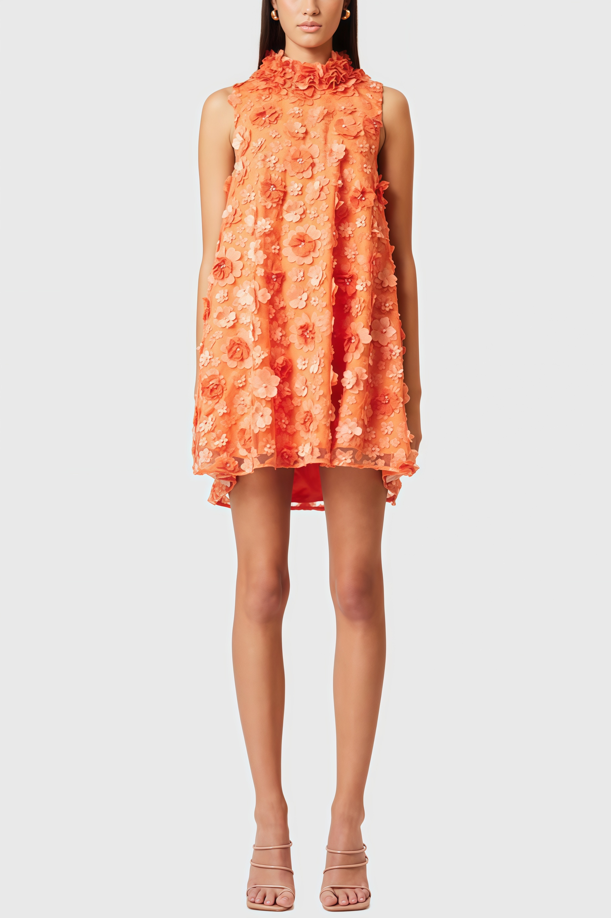 Prued Orange High Neck Trapeze Mini Dress