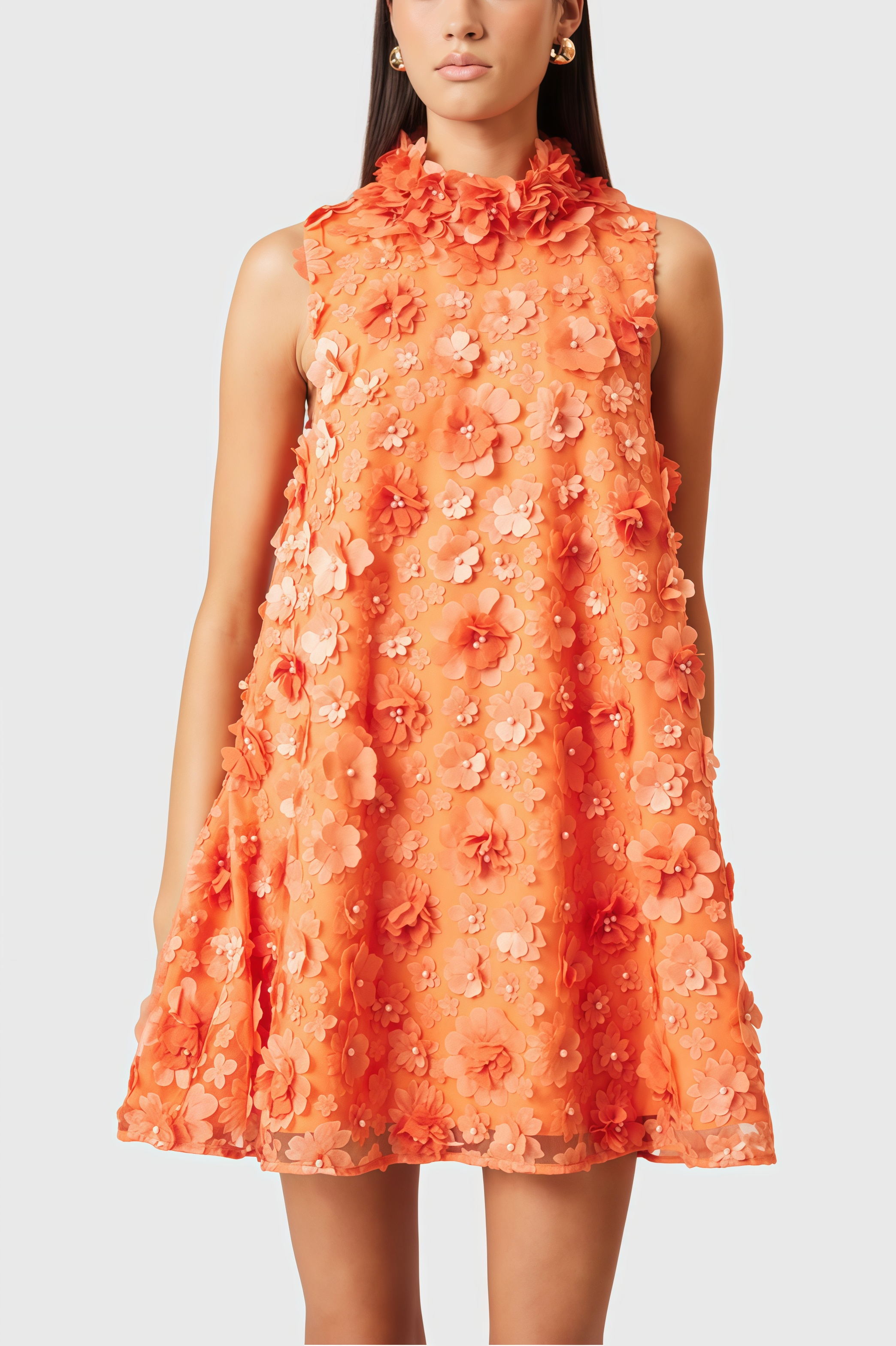 Prued Orange High Neck Trapeze Mini Dress