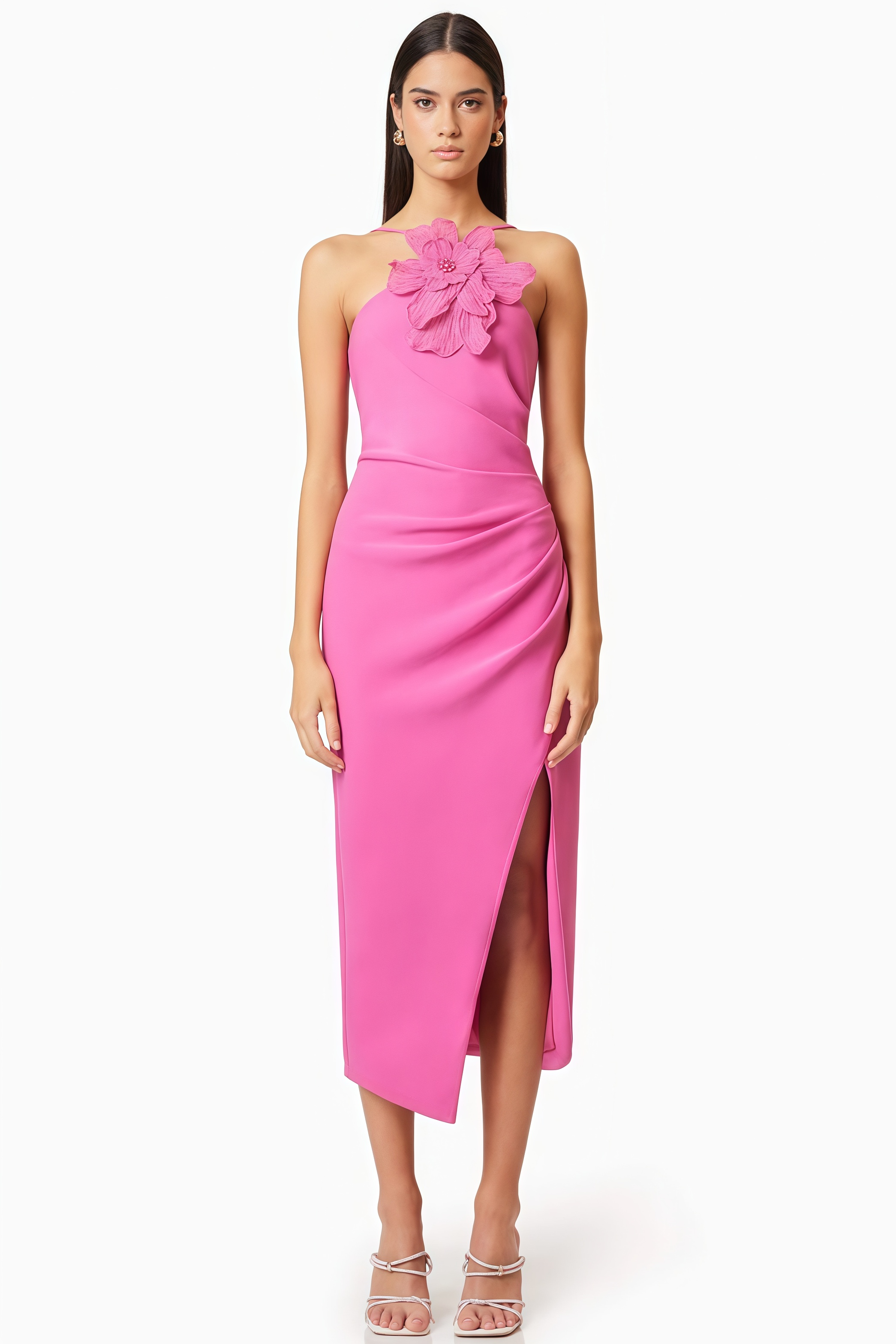 Lorrlk Pink 3D Floral Midi Dress