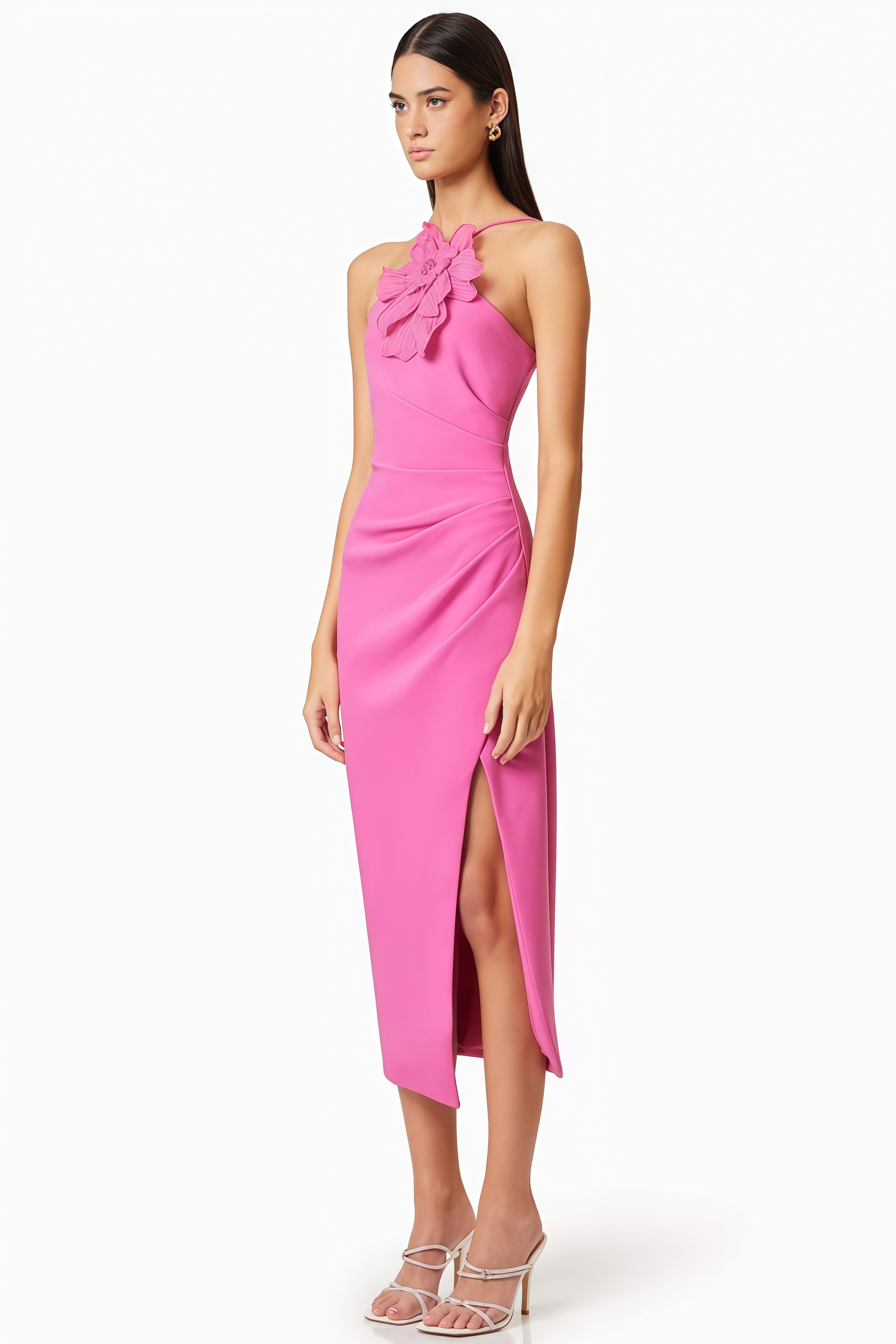 Lorrlk Pink 3D Floral Midi Dress