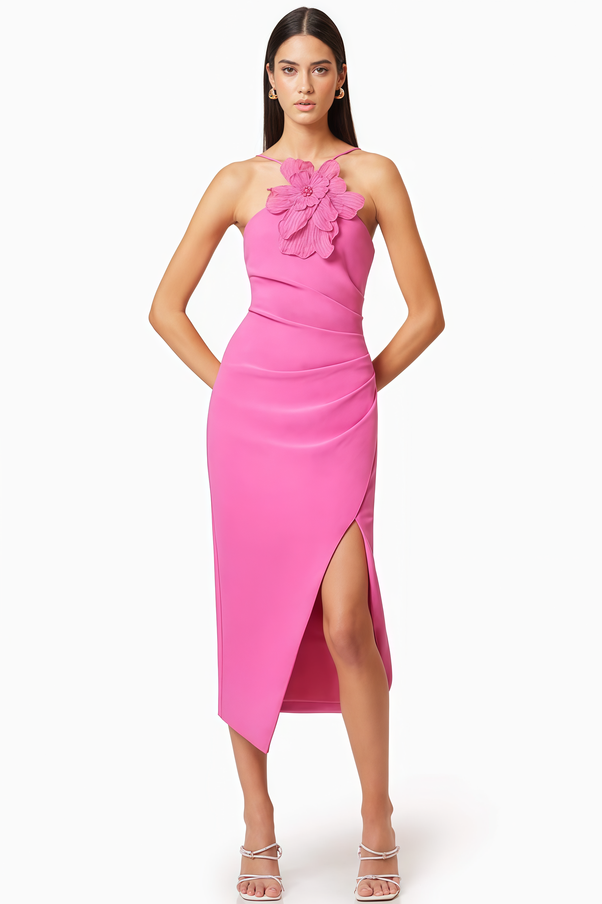 Lorrlk Pink 3D Floral Midi Dress