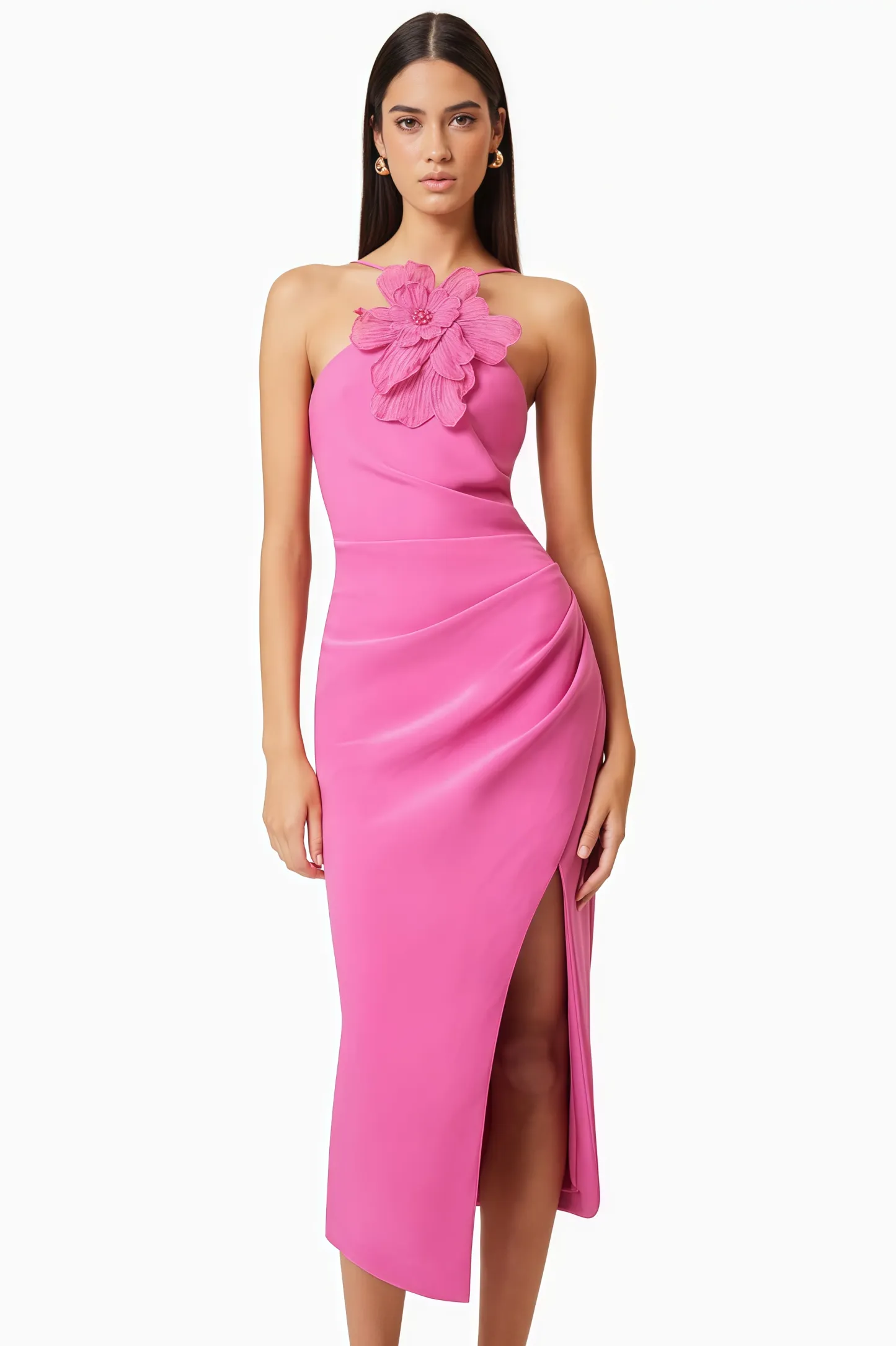 Lorrlk Pink 3D Floral Midi Dress