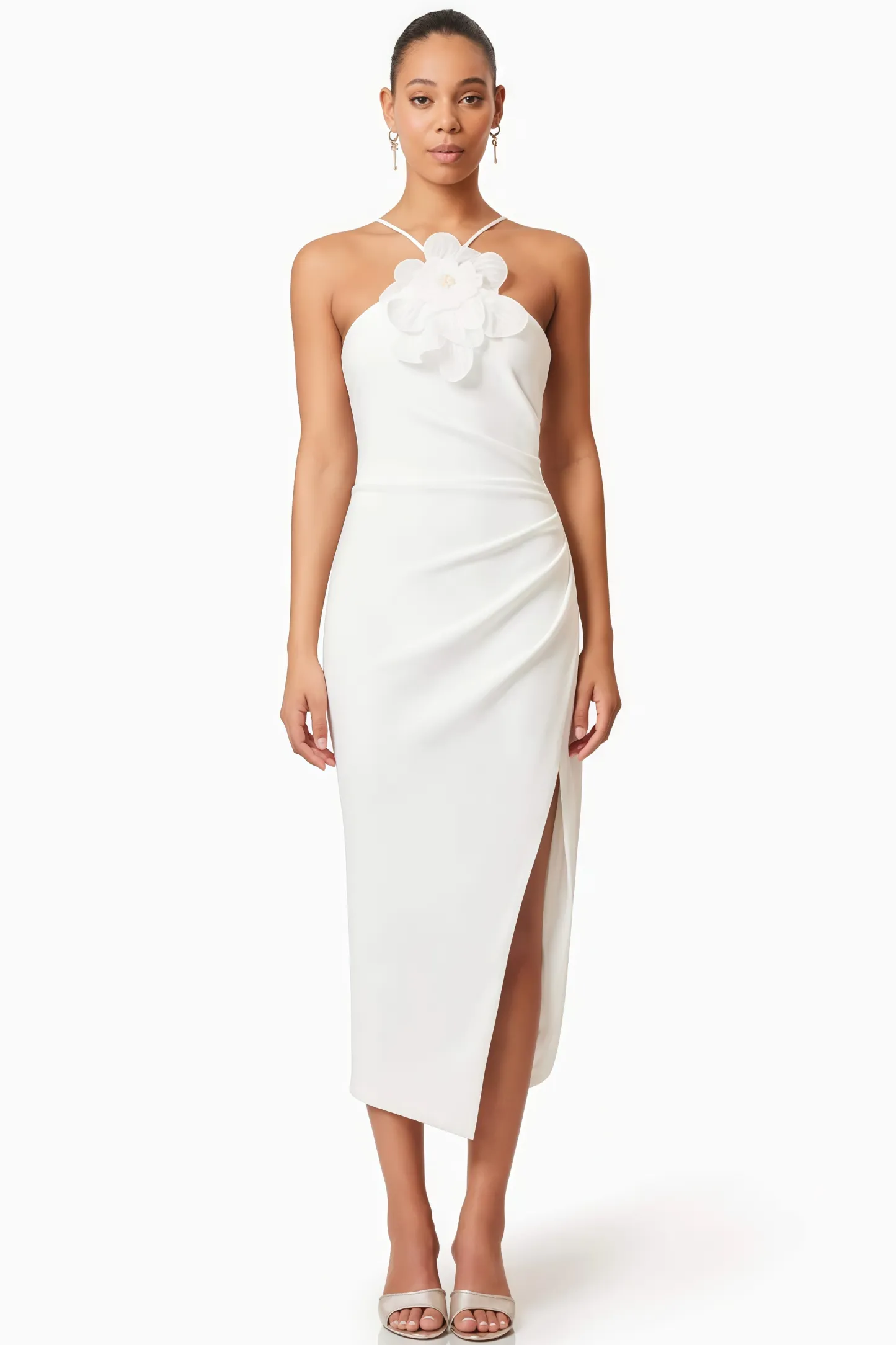 Kaelt White 3D Floral Midi Dress