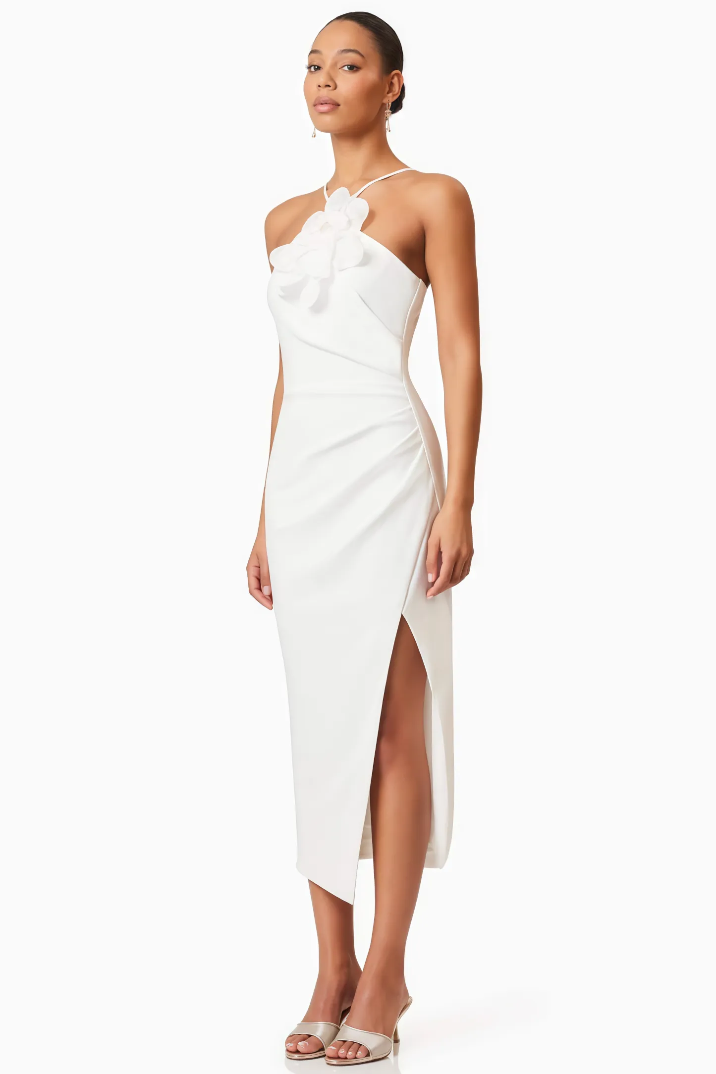 Kaelt White 3D Floral Midi Dress